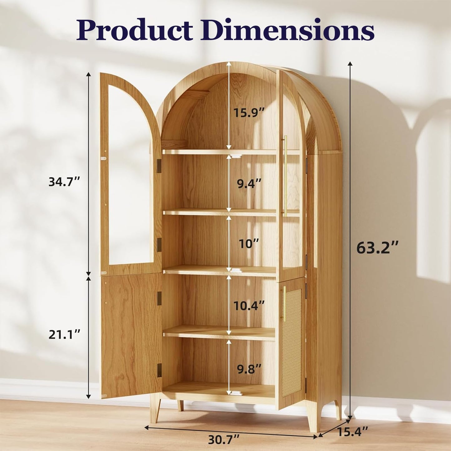 TRUNBACK 63" Tall Arched Cabinet with Glass Doors, Kitchen Pantry Storage Cabinet with Dust-Proof Rattan, 5-Tier Curio China Cabinet with Adjustable Shelves for Living Room Dining Room, Oak