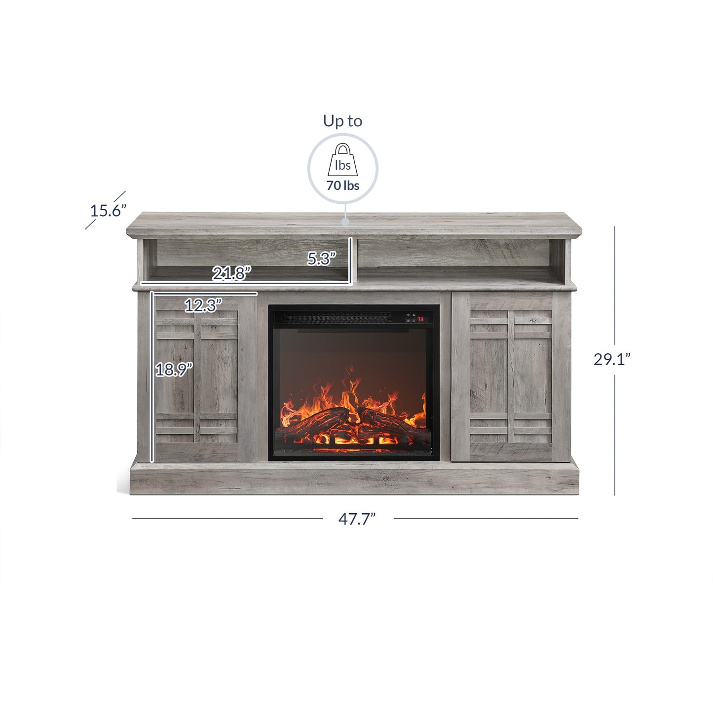 BELLEZE 48" TV Stand with 18" Electric Fireplace Heater, Modern TV Stand for TVs up to 50", Entertainment Media Stand with Open Shelves and Storage Cabinets for Living Room, Bedroom (Grey Wash)