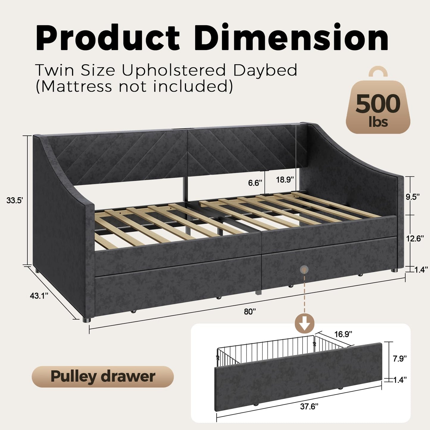 Mashomdec Twin Size Daybed with 2 Storage Drawers, Upholstered Daybed Frame with Charging Station, Heavy Duty Sofa Bed for Bedroom, Living Room, No Box Spring Needed,Easy Assembly