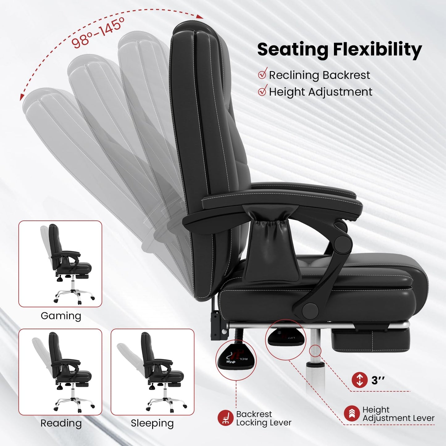 COSTWAY Big and Tall Office Chair, 6-Point Massage Desk Chair with Retractable Footrest, Reclining Backrest & Adjustable Swivel Seat, PU Leather Executive Chair with Wheels, 400 LBS Capacity, Black
