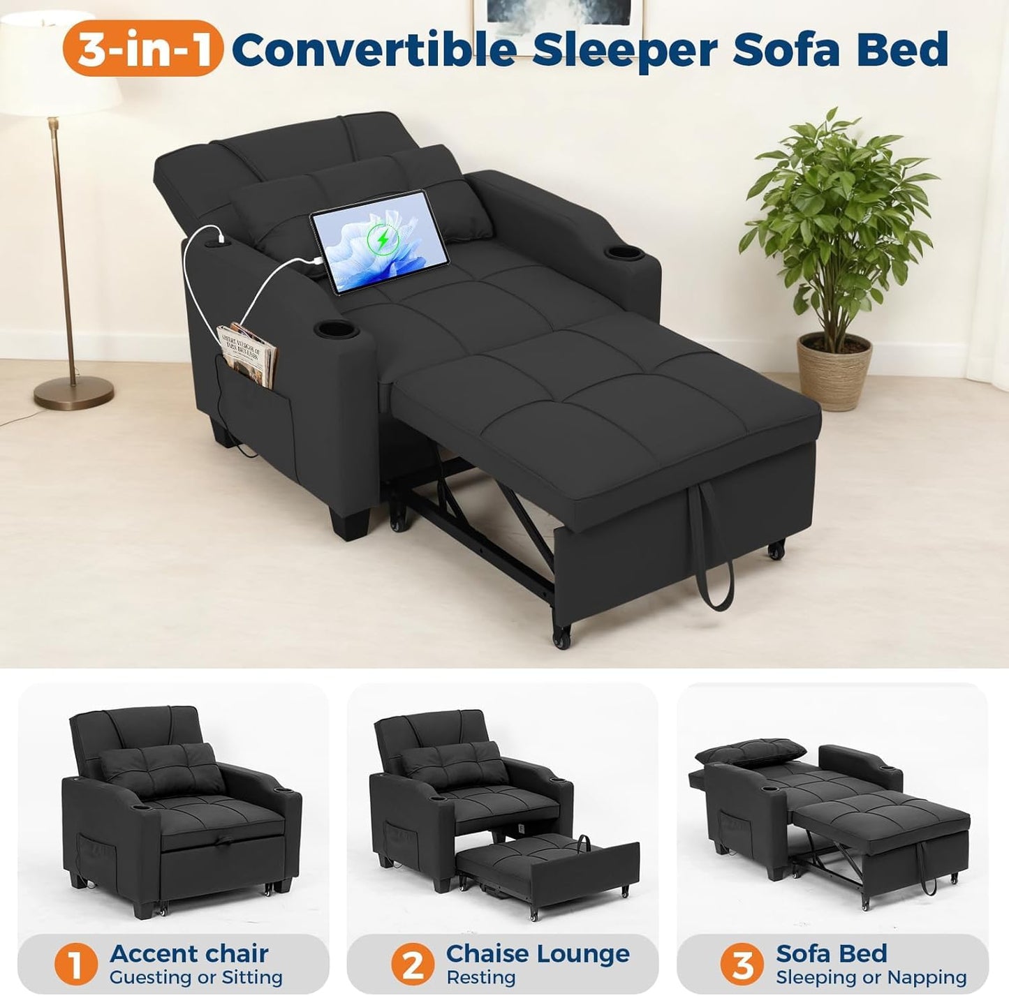 Sleeper Chair Pull Out Bed, 4 in 1 Convertible Sofa Chair Bed with Vibration Massage Lumbar Pillow, Single Sofa Recliner with USB/Type-C Port, Cup Holders and Side Pocket for Small Spaces (Black)