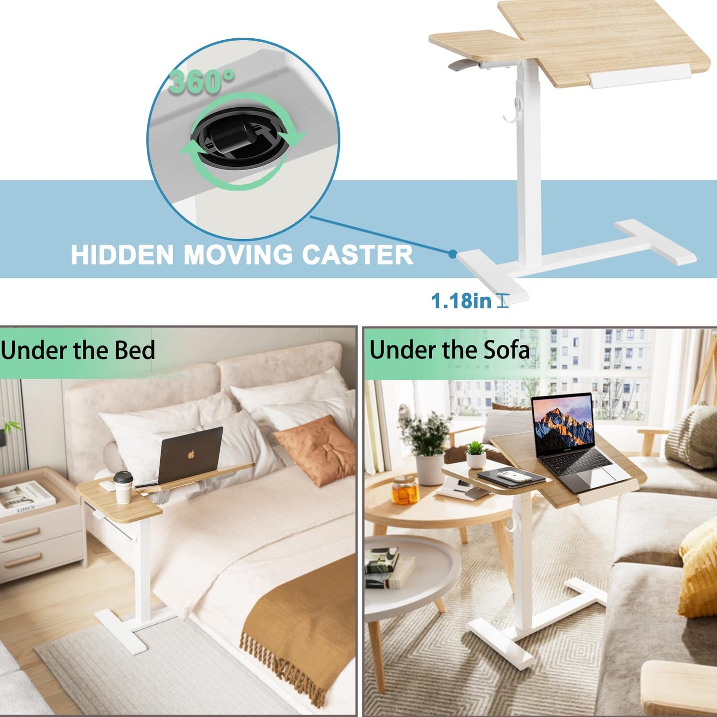 ETHU Overbed Table with Tilting Top, Medical Table with Wheel Height Adjustable - Laptop Bedside Table with Locking Wheels for Hospital, Home, and Office