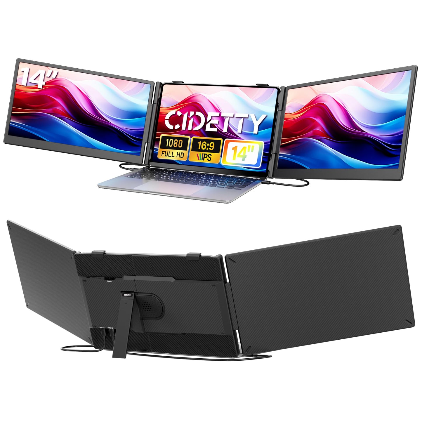 Laptop Screen Extender Monitor Portable,14.1" Ultra Thin 1080P FHD Lightweight Triple Screen,Portable Monitor for Laptops,Fit for 13-17" Laptop,Plug & Play Compatiable with Win/Mac/Chrome/Android