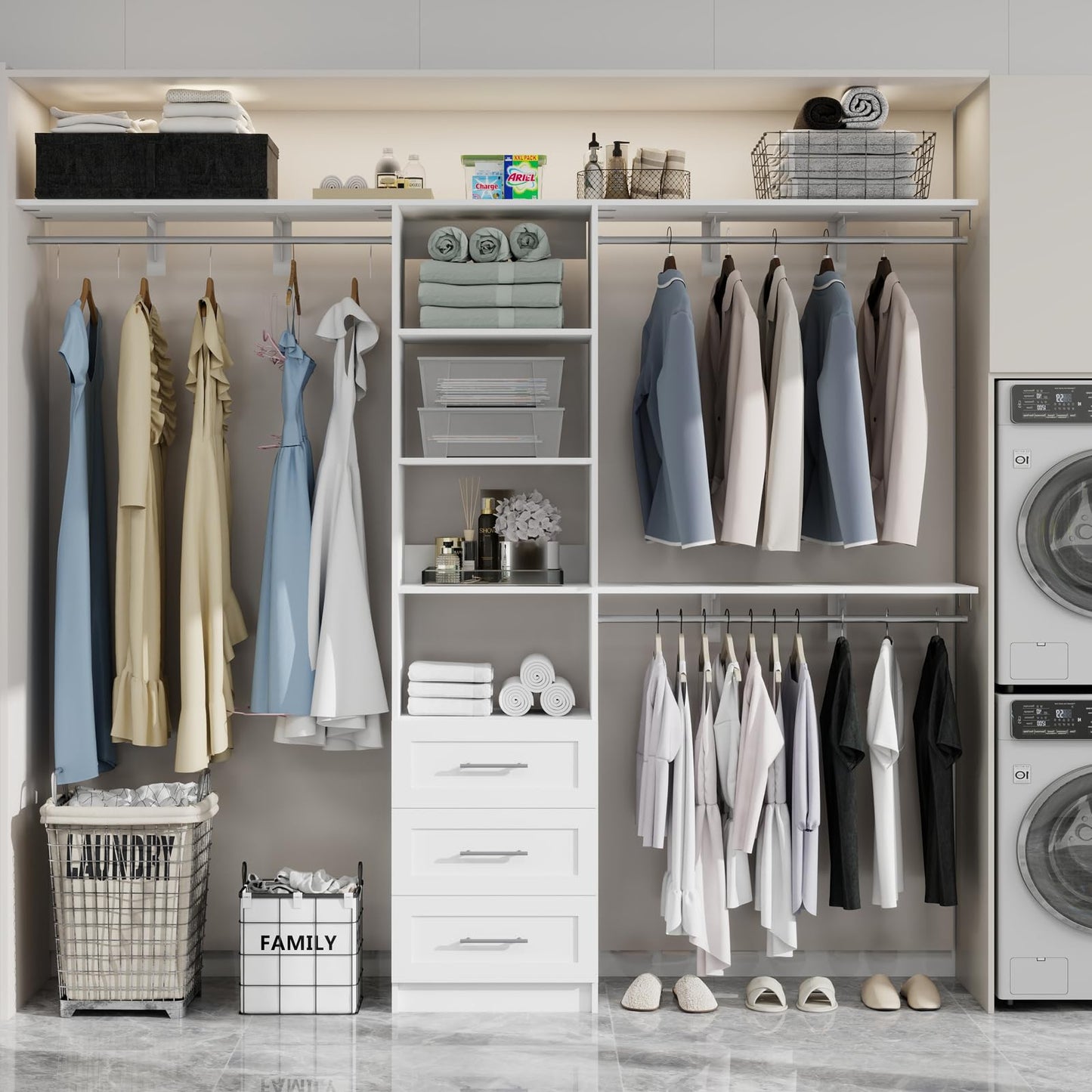 secilix Closet System with Drawers, 5-8FT Closet Organizer Systems with Expandable Hanging Rods, 91.36" Closet Shelving Systems for Walk in Closets, Heavy Duty Wall Mount Closet Systems-White