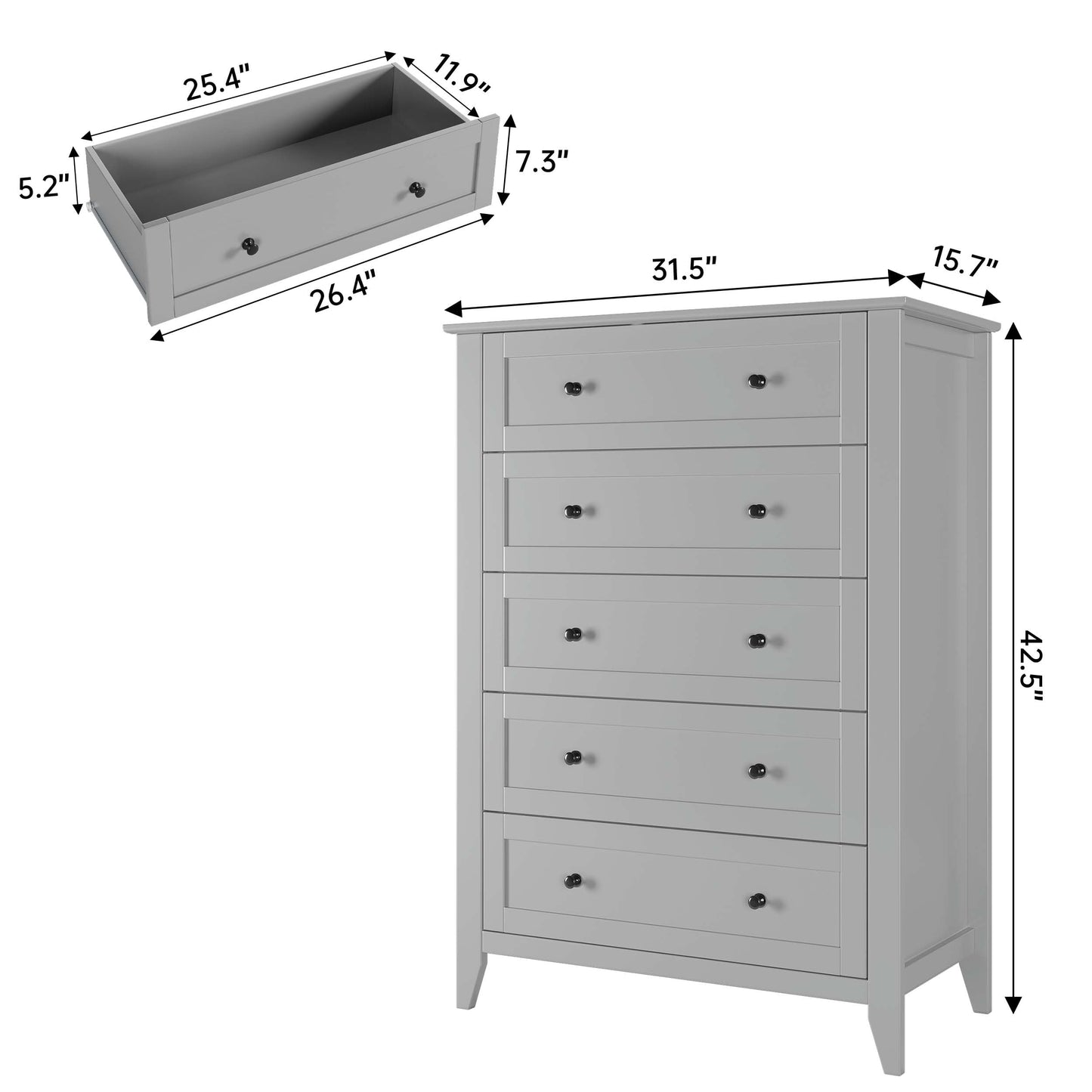 Garvee 5 Drawer Dresser for Bedroom, Modern Tall Chest of Drawers with Metal Knobs, Wooden Clothes Storage Organizer for Closet, Nursery, Living Room, Apartment, Grey