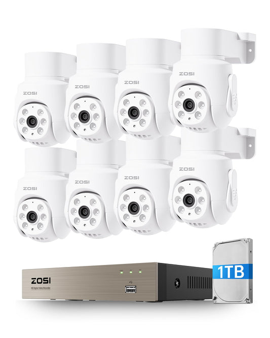 ZOSI 5MP Wired Security Camera System, 8pcs 1080p 360° Pan/Tilt Weatherproof Cameras, Audio Recording, AI Human Vehicle Detection, Night Vision, H.265+ 8CH Home DVR with 1TB HDD for 24/7 Surveillance