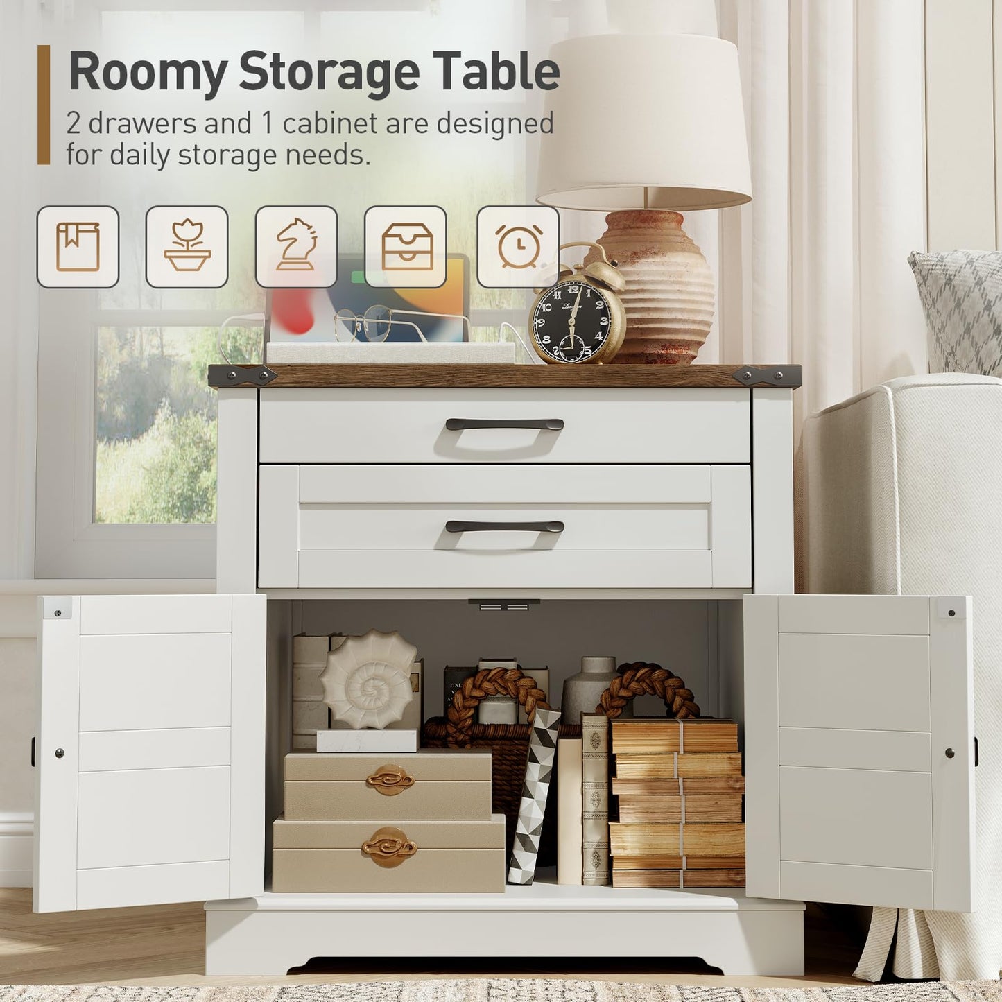 RALGEND Farmhouse End Table Set of 2, 24'' Sofa Side Table with 2 Drawers and Barn Door, Large Rustic Wooden Square Nightstand for Bedroom, Living Room, White and Walnut