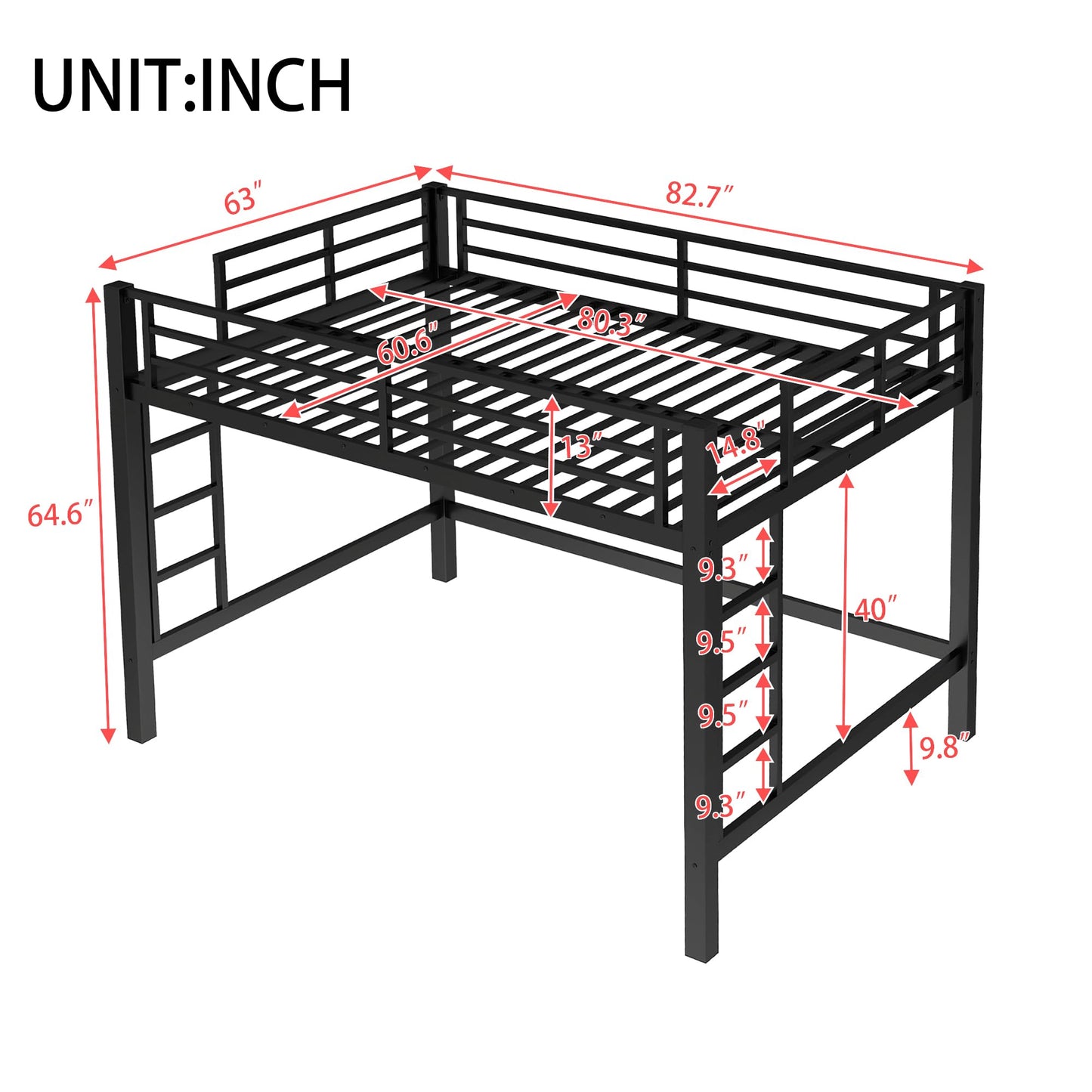 Bellemave Heavy Duty Loft Bed Frame with 2 Build in Ladder and Full Length Guardrail, Easy Assemble Loft Bed Queen Size, Noise Free Design, No Box Spring Needed, Black