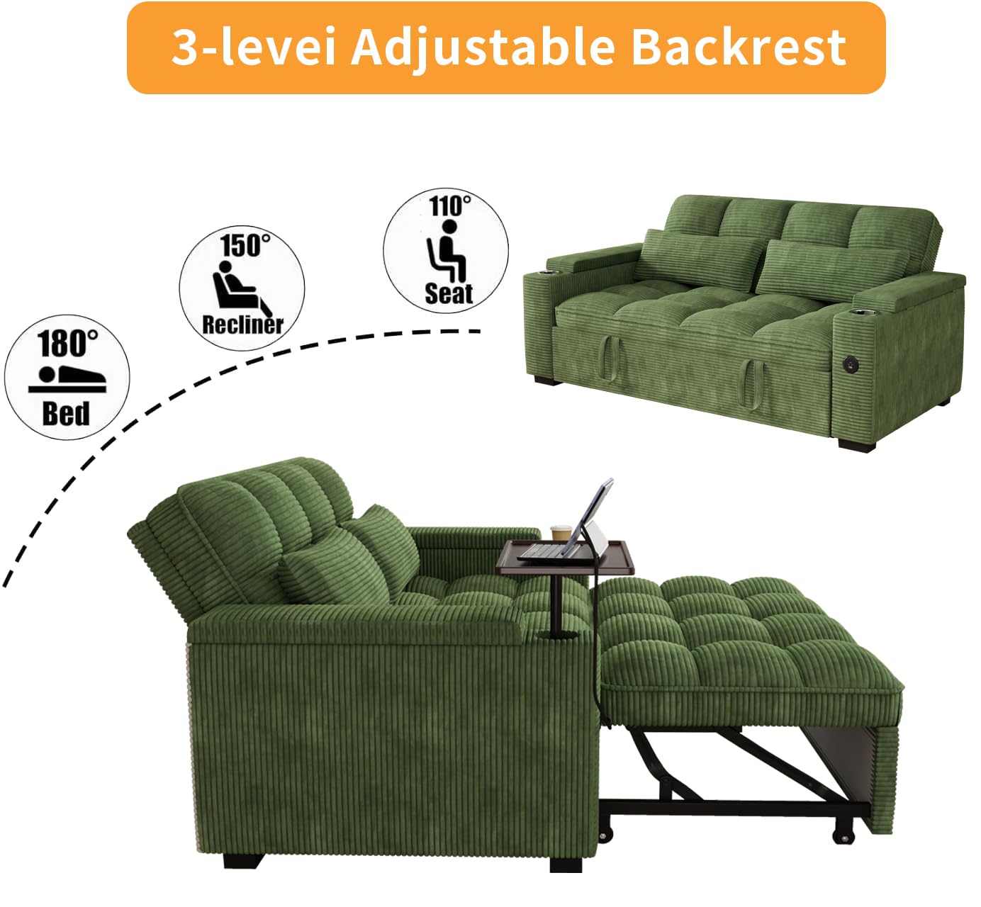 KEIKI 65" 3-in-1 Pull-Out Sofa Bed, Convertible Corduroy Sleeper Couch with Adjustable Backrest, USB Charging Ports & Storage Arms, Compact Futon Sofa for Guest Rooms, Studios & Small Living Spaces