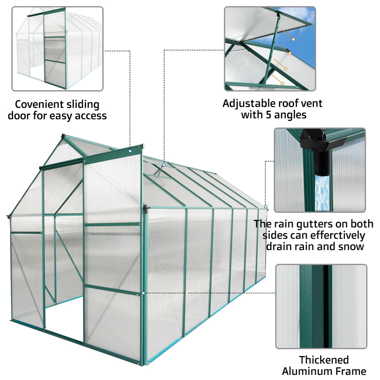 Acosure 6x12 FT Greenhouse Outdoor Polycarbonate Hot House,Garden Plants Houses with Raised Base,Sliding Door and Adjustable Vent Roof for Patio,Easy to Install,Green