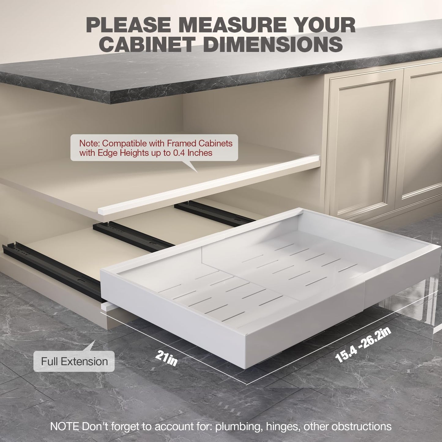 Seinloes 4 Pack Pull Out Cabinet Organizer 21" Deep,Full Extension 3 Slide Rails Slide Out Drawers With Raising Pad for Framed Cabinets,Expandable Width (15.4"-26.2"),No Drill Roll Out Shelves,White