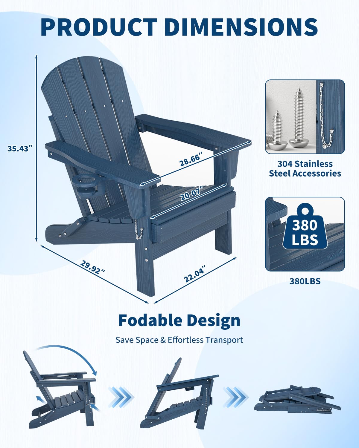 Garvee Folding Adirondack Chair Set of 4 with 2 Side Table, HDPE Outdoor Patio Chair with Cup Holder, All Weather Resistent Wooden Textured for patios, Decks, Gardens, fire Pit, Navy Blue