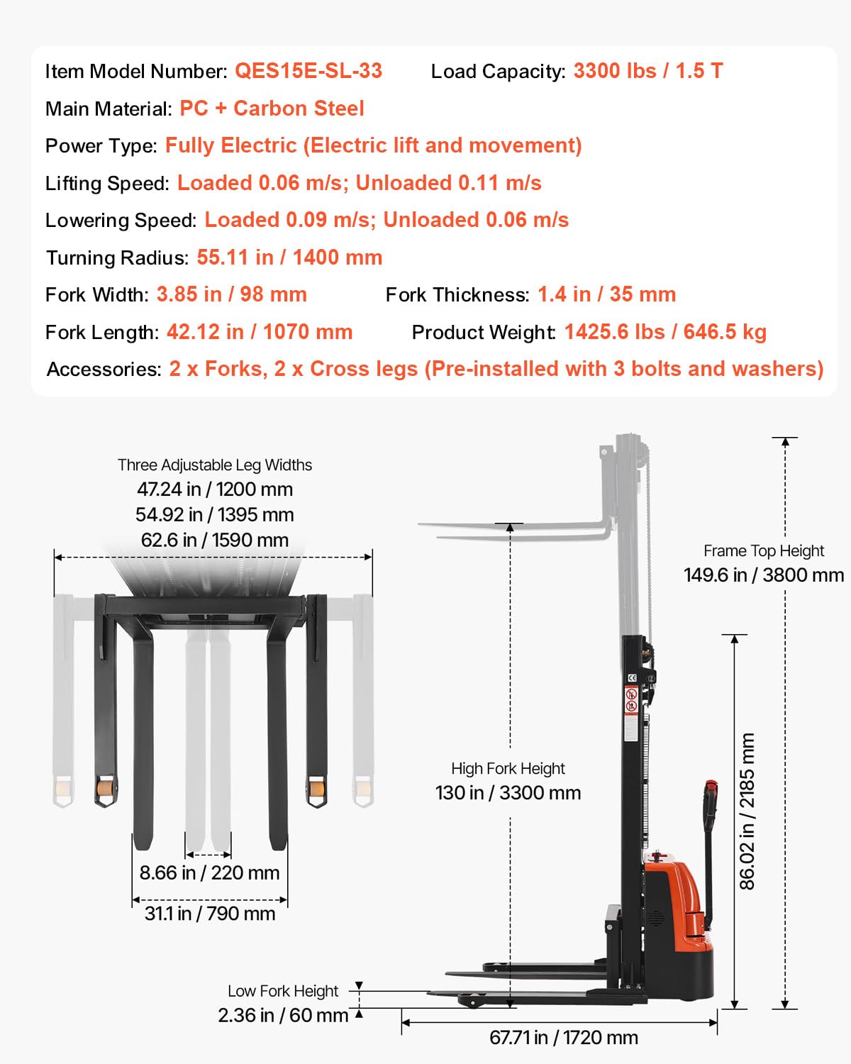 VEVOR Full Electric Pallet Stacker, 3300 lbs Load Capacity, 130'' Max Lifting Height, Pallet Lift Stacker Forklift with Straddle Legs & Forks, 8.66-31.1 Inches Adjustable Fork Width, Orange & Black