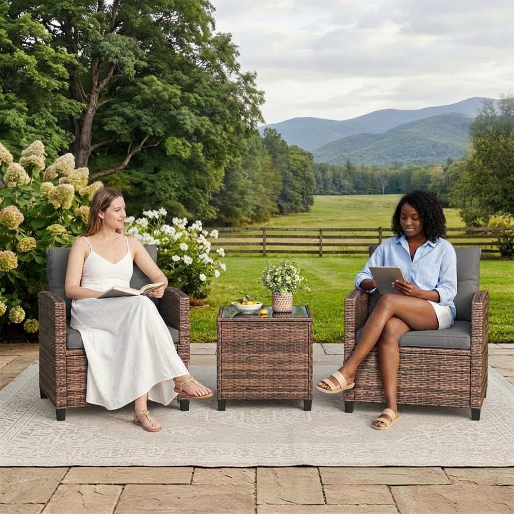 GarveeLife 3 Pieces Patio Furniture Set, PE Rattan Patio Conversation Set with Tempered Glass Tabletop, Outdoor Wicker Chairs and Table Set for Patio Balcony Garden, Brown and Grey