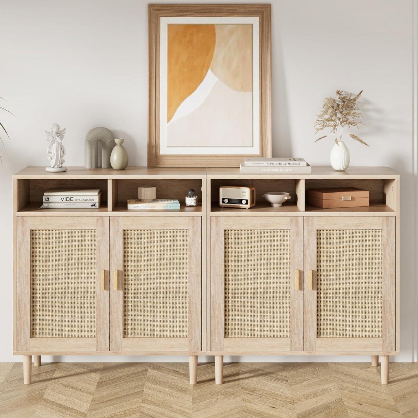 Garvee 2PCS 36" Modern Rattan Sideboard Cabinet - 2-Door Storage Buffet with Shelf, Boho TV Stand & Coffee Bar for Dining Room, Kitchen & Entryway