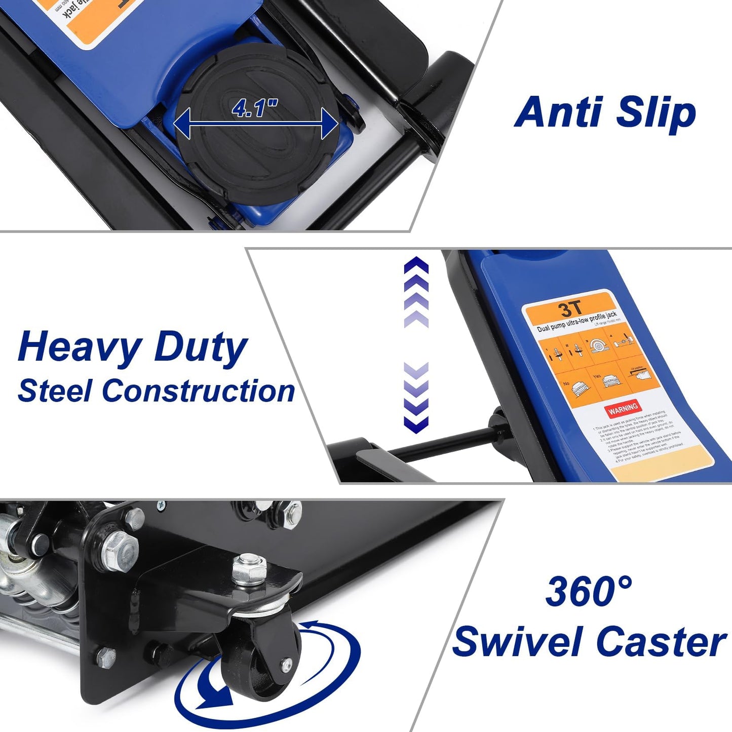 GarveeTech 3 T Low Profile Floor Jack, Professional Low Profile Hydraulic Jack, Heavy Duty Steel Racing Floor Jack with Dual Piston Quick Lift Pump,Lift Range 3 in-19.5 in,Hydraulic Car Jack, Blue