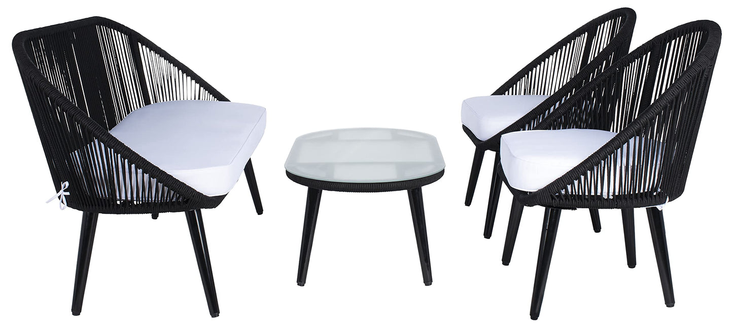 SAFAVIEH Outdoor Collection Halcott Black Rope/White Cushion 4-Piece Conversation Patio Set