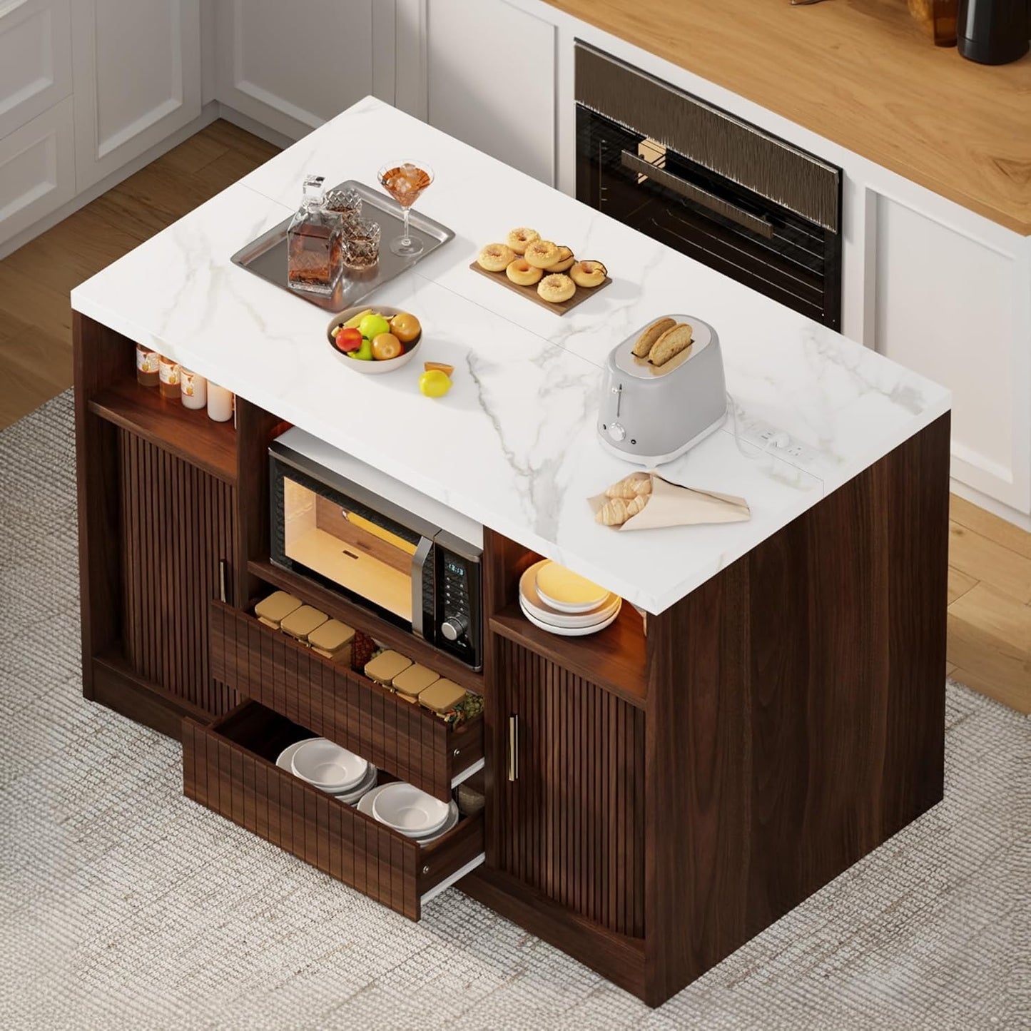 Homiflex Kitchen Island with Power Outlet and LED Lights, 47" Rolling Kitchen Island Table with Storage, Marble Top Mobile Kitchen Cart on Wheels with Microwave Space & Drawers & Sliding Doors, Walnut