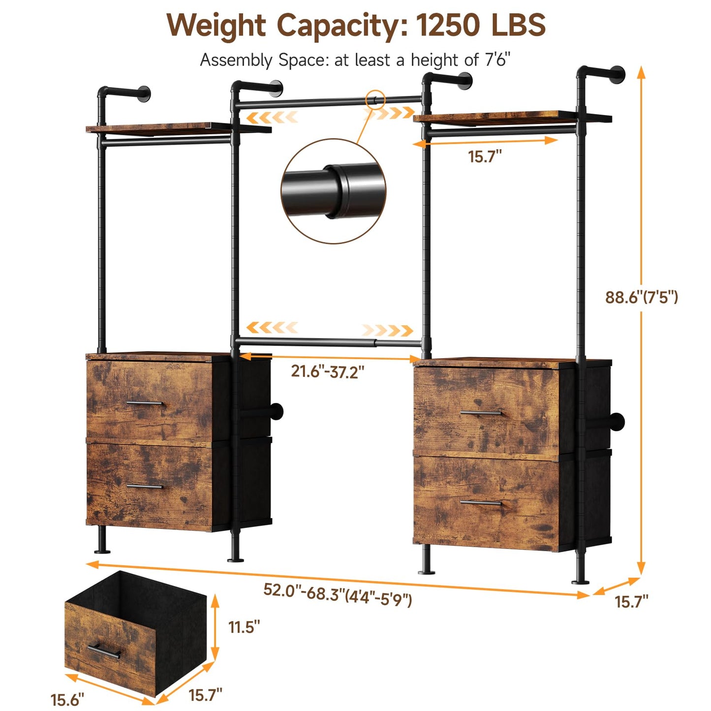 ONBRILL T4 Wall Mounted Closet System, Industrial Pipe Clothing Rack with 8 Wooden Shelves, 4 Drawers & 4 Hanging Rods (2 Expandable), Heavy Duty Closet Organizers and Storage System (Rustic Brown)