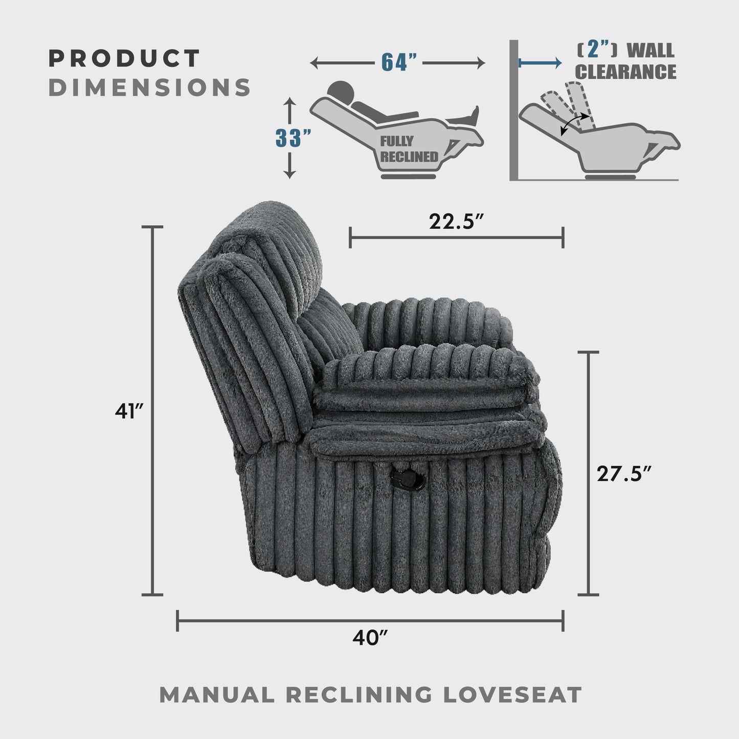 Lexicon Manual Double Reclining Loveseat with Center Console, Corduroy Manual Wall Hugger Recliner Couch, Pillow Top Arms, Cup Holders, Hidden Storage, Cozy Loveseat for Living Room, Dark Gray