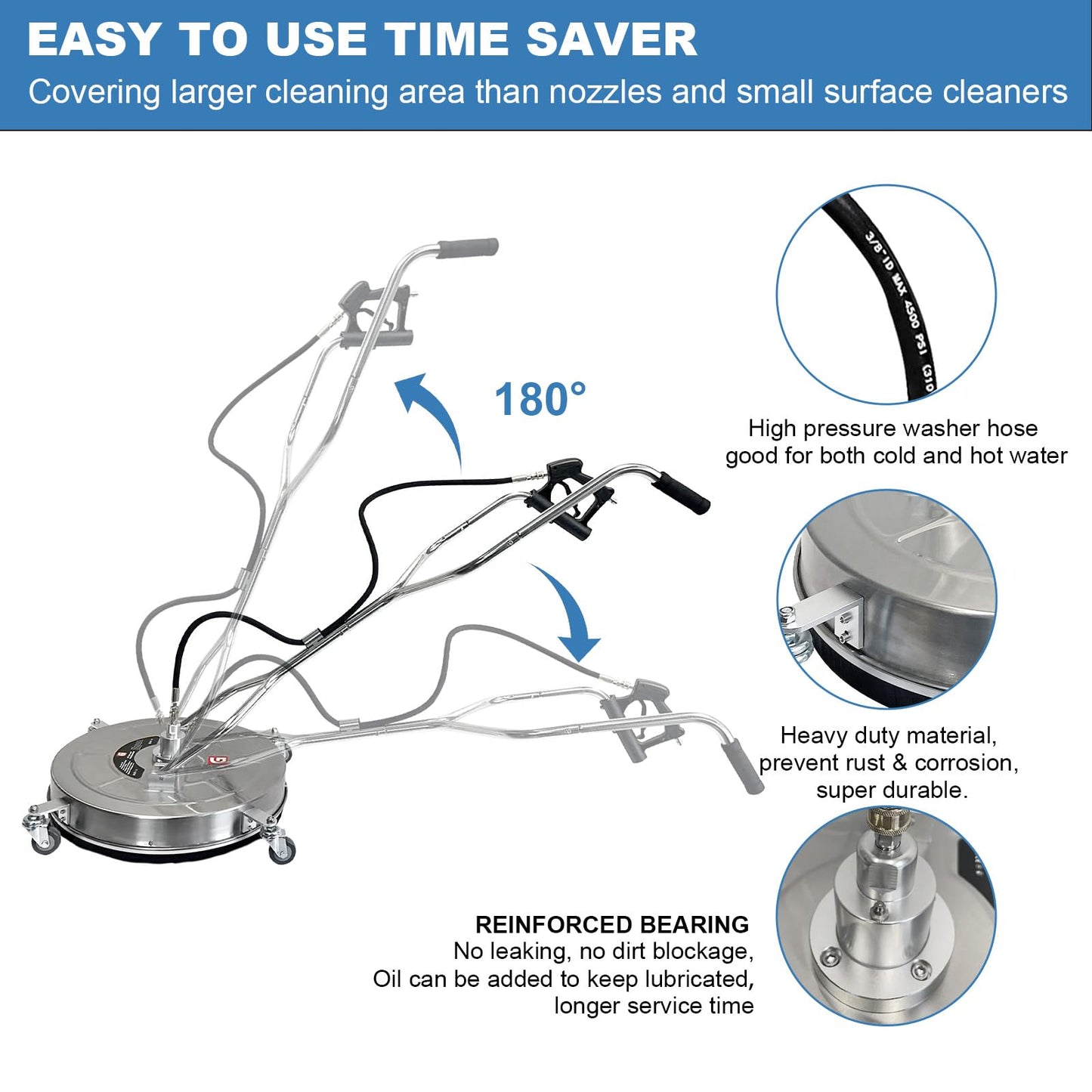 24" Pressure Washer Surface Cleaner with Dual Handles – Stainless Steel, 4-Wheel Design for Driveways, Sidewalks, Curbs, Decks, & Patios – 4900 PSI, High-Efficiency Cleaning Accessory