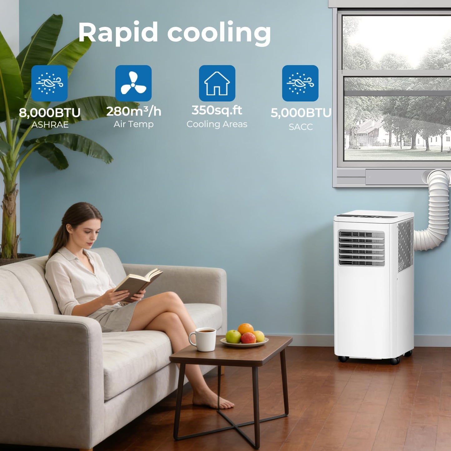 COWSAR 8,000 BTU Portable Air Conditioner | Cools Up to 350 Sq.Ft, 4-in-1 AC with Remote, LED Display & 24H Timer, Complete Installation Kit, White