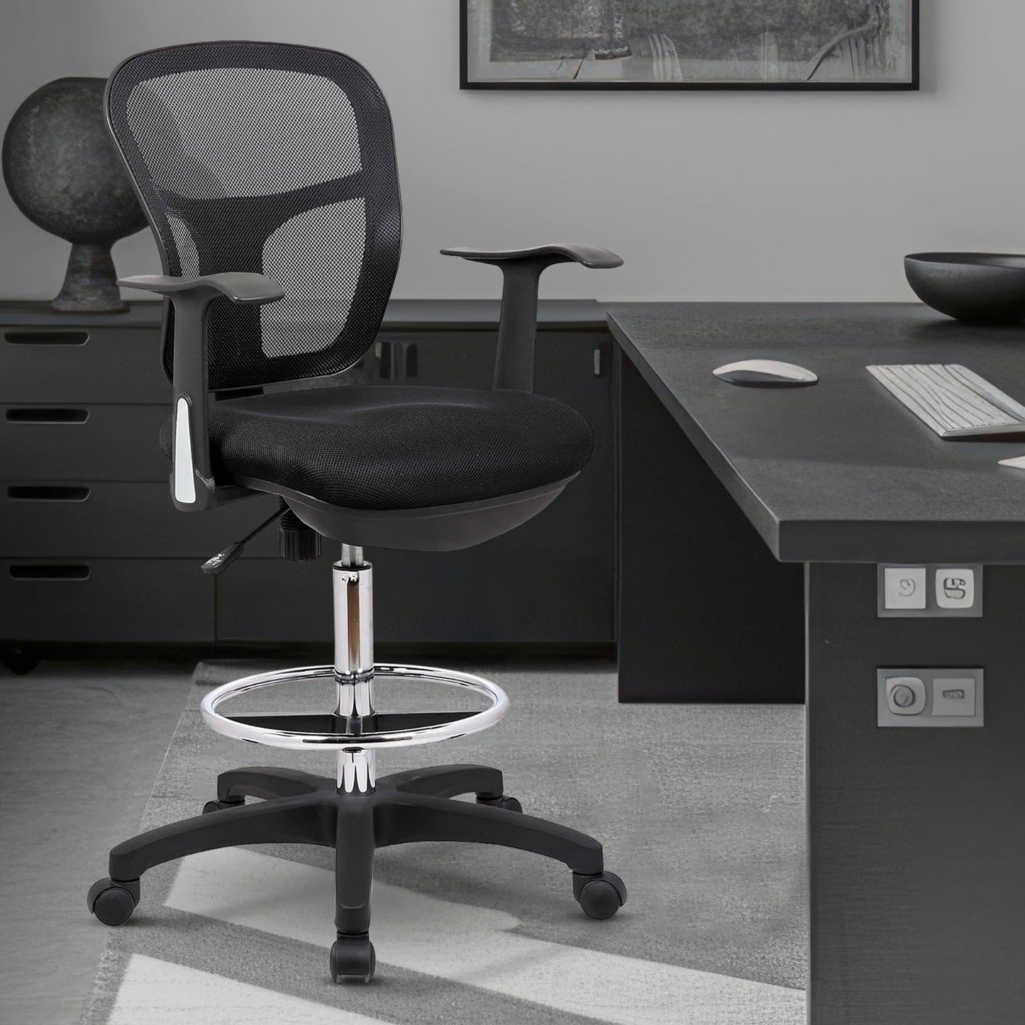 OfficeFactor Drafting Chair Tall Office Chair with Arms Executive Ergonomic Standing Desk Chair with Anti Scratch Wheels and Footrest