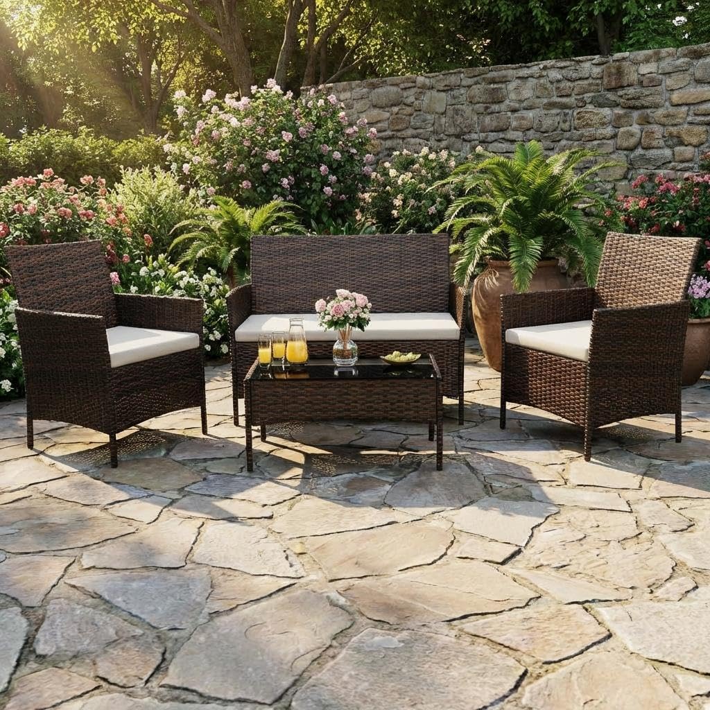 4PCS Outdoor Patio Bistro Set, PE Rattan Wicker Armchairs with Water-Resistant Cushions & Tempered Glass Coffee Table, All-Weather Conversation Set for Garden, Backyard, Porch, Poolside, Brown/Beige