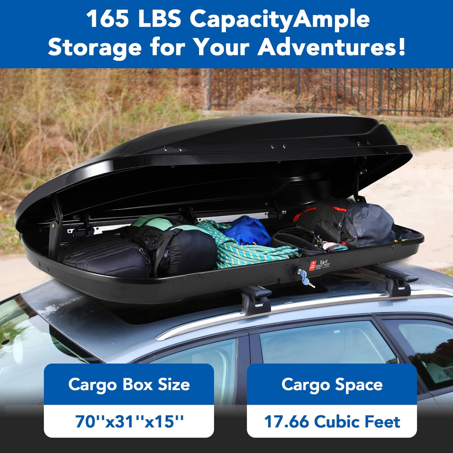 PeakPursuit Hard Shell Roof Top Cargo Carrier, 17 Cu.Ft Waterproof Car Roof Storage Box with Security Keys, Dual-Sided Opening, Tool-Free Installation, Holds 165 Lbs, 69"x33"x11", Black