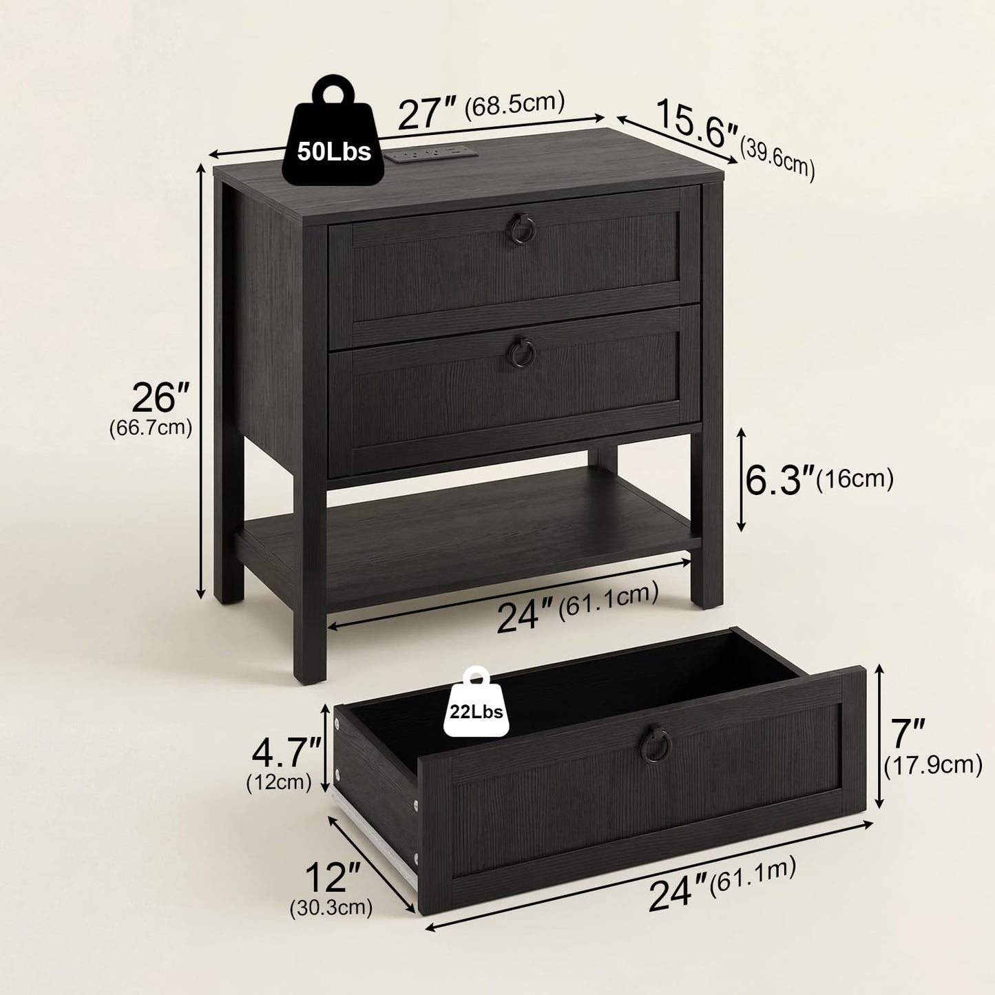 Chyanmoo Nightstand with Charging Station, 2-Drawer Wooden Side Table, Farmhouse Bedside Cabinet with USB Ports & AC Outlets, Solid Wood Grain End Table for Bedroom, Living Room, Office (2 pcs)