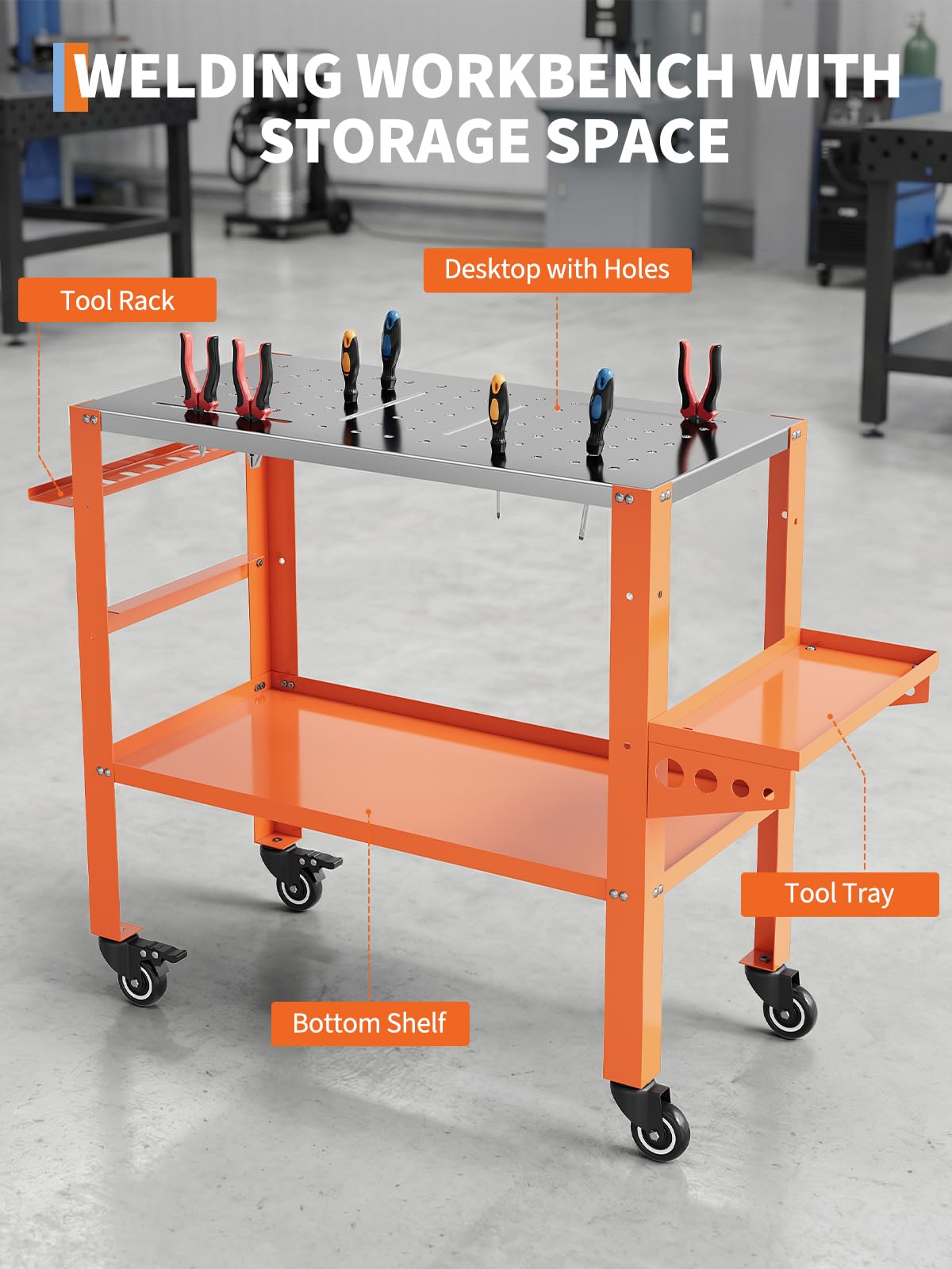 36" x 18" Welding Table, 1200 Lbs Capacity Welding Workbench Table Top with Lockable Wheels,Tool Rack & Tray, 4 Tool Slots and 5/8" Fixture Holes for for Welding Repair Works, Orange