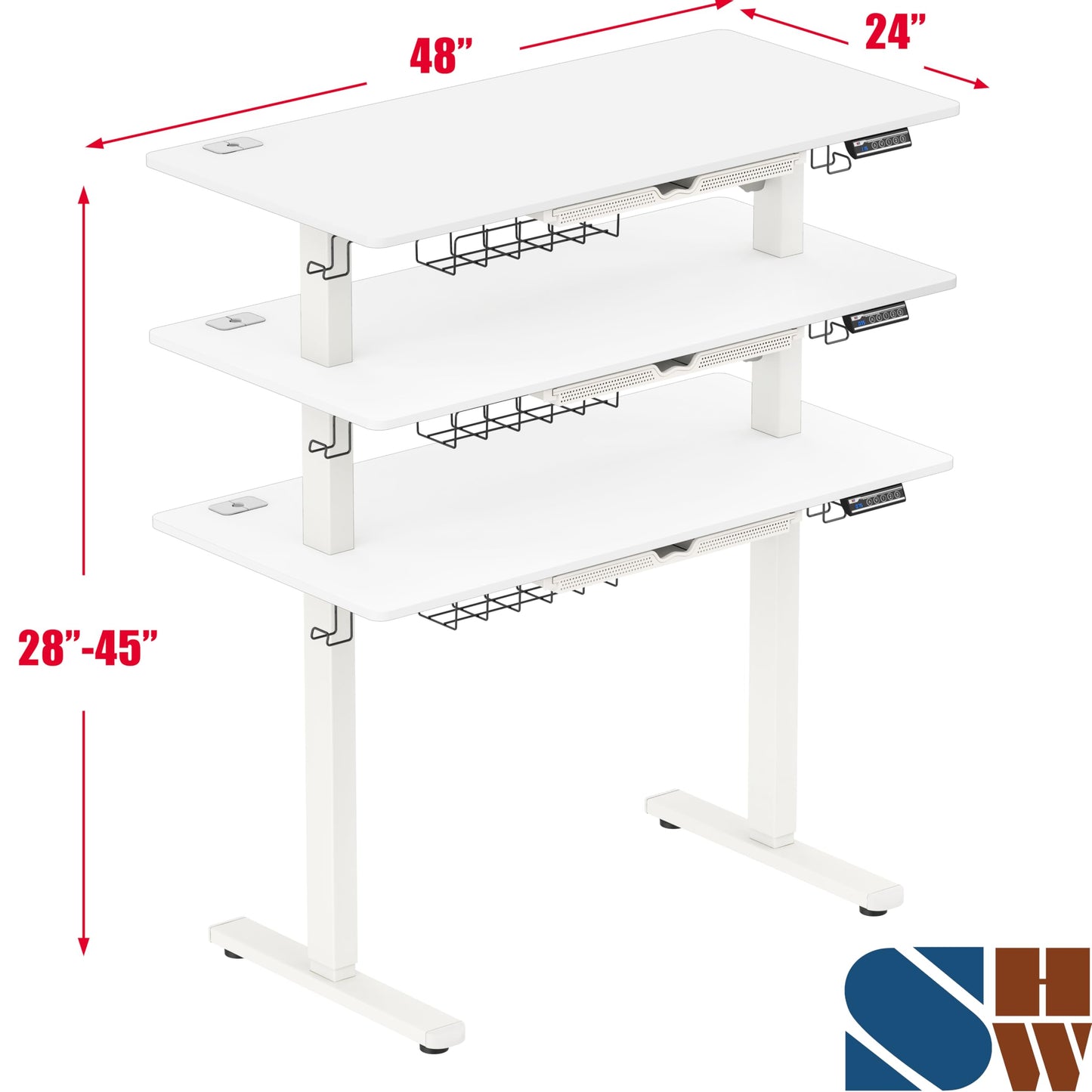 SHW 48-Inch Electric Height Adjustable Standing Desk with Drawer, Memory Preset and Cable Management Tray, White