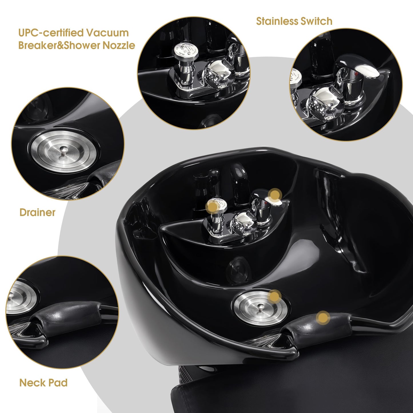BarberPub Backwash Shampoo Station Chair, Porcelain Ceramic Bowl Sink Unit for Hair Stylist, Gold&Black Shampoo Chair with Vacuum Breaker for Beauty Spa Salon 8690