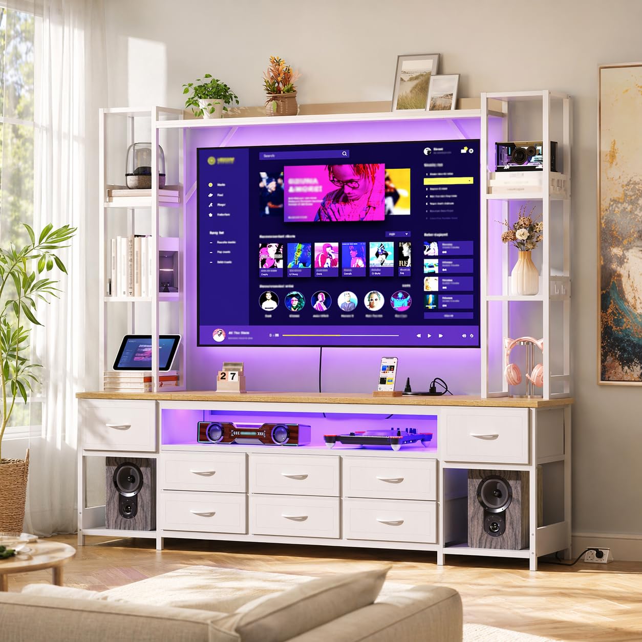RALGEND Large Entertainment Center for Living Room, Wall Unit TV Stand with Bookshelves for TVs up to 65", Media Cabinet with Storage Drawers, LED TV Console with Power Outlets, White and Natural