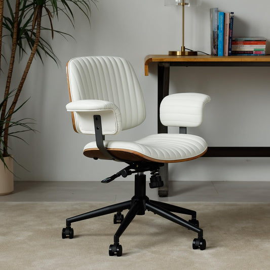 Leather Home Office Chair, Mid-Century Modern Executive Desk Chair with Padded Armrests, 360° Swivel Ergonomic Task Chair,Adjustable Height (PU Leather-Beige)