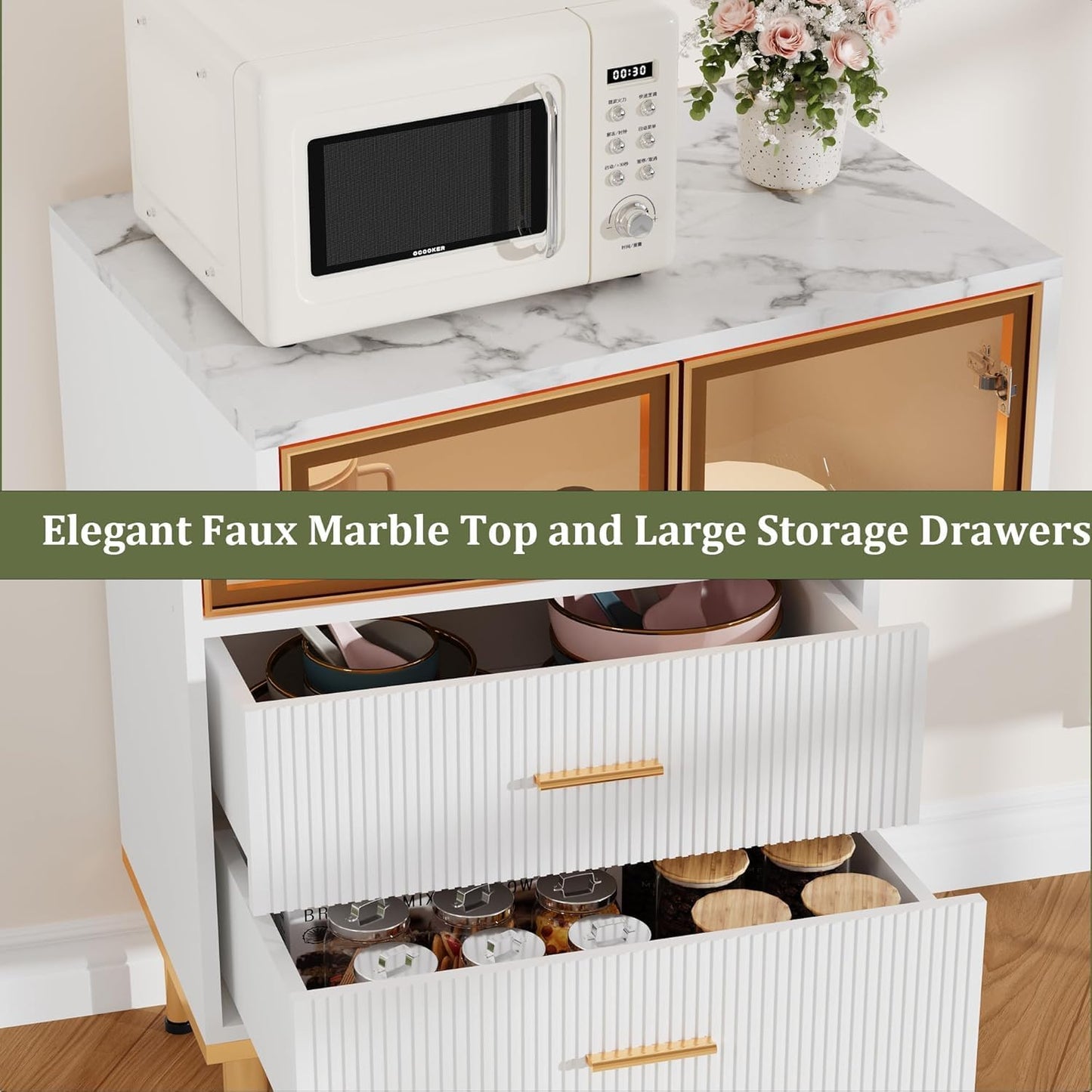 MERXENG Fluted Glass Door Storage Cabinet w/Adjustable Shelves & 2 Drawers | White Contemporary Display Unit for Kitchen Pantry or Living Room Storage