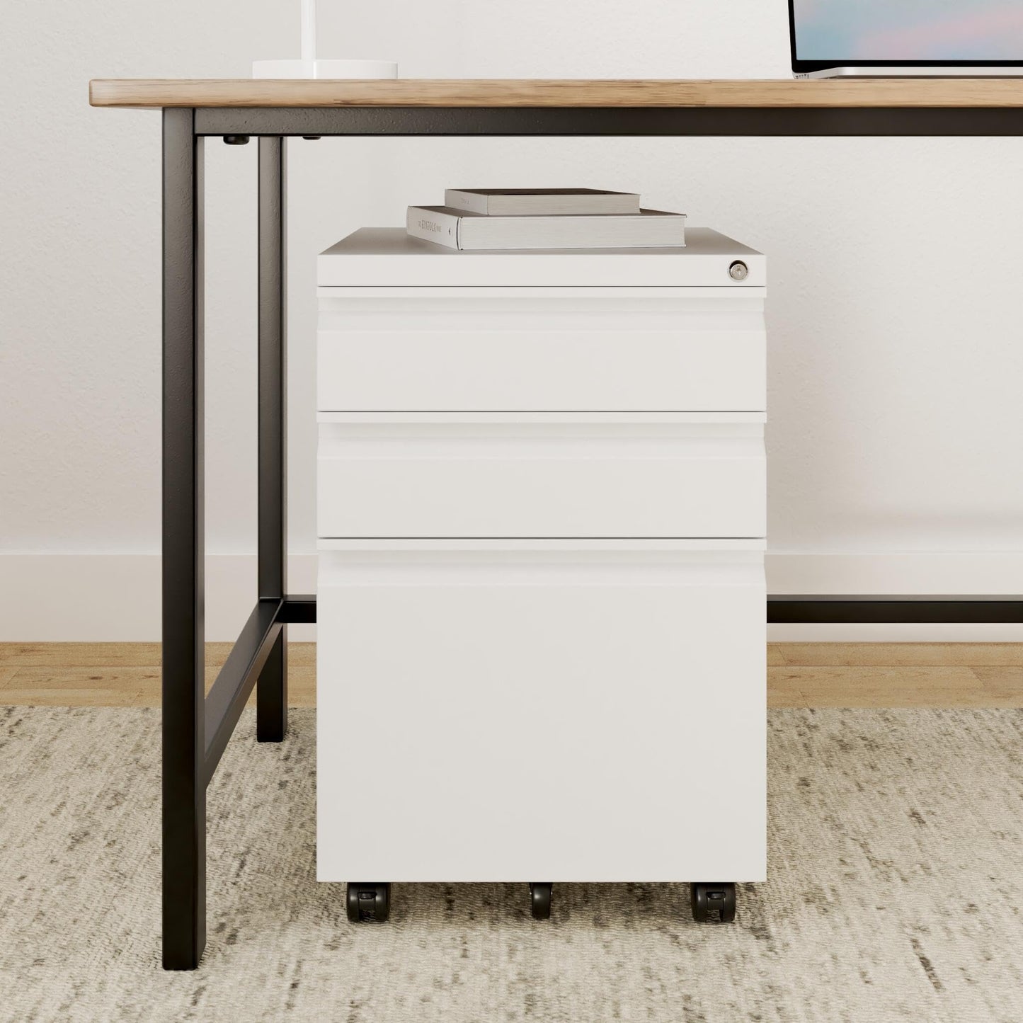 Mount-It! 3 Drawer File Cabinet with Lock and Wheels, Under Desk Storage Filing Pedestal for Home Office, No Assembly Small Rolling File Cabinet for Legal, Letter, and A4 Files in White