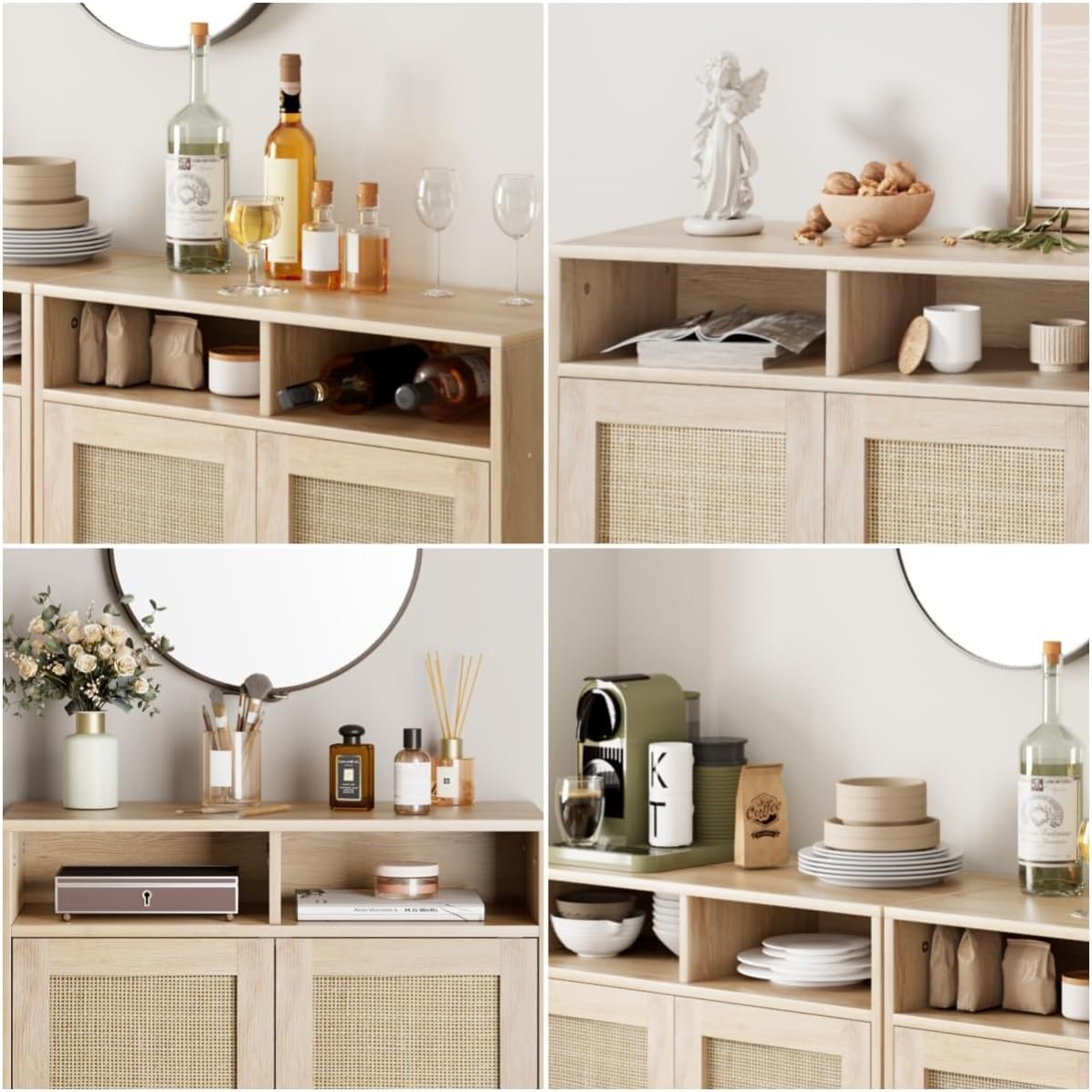 Garvee 2PCS 36" Modern Rattan Sideboard Cabinet - 2-Door Storage Buffet with Shelf, Boho TV Stand & Coffee Bar for Dining Room, Kitchen & Entryway
