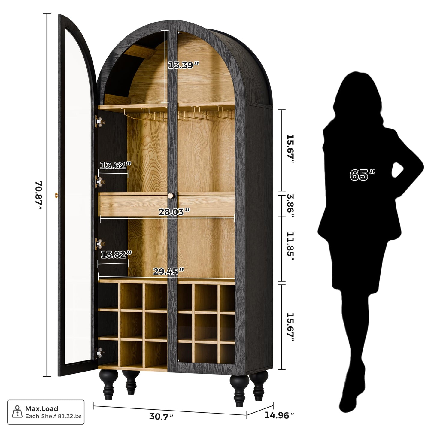 Trygoal Modern Farmhouse Arched Bar Cabinet, 71'' Tall Wine Cabinet with Built-in Stemware Rack & Glass Door, Black Arched Wine Cabinet with Storage, Large Liquor Cabinet for Living Room, Dining Room