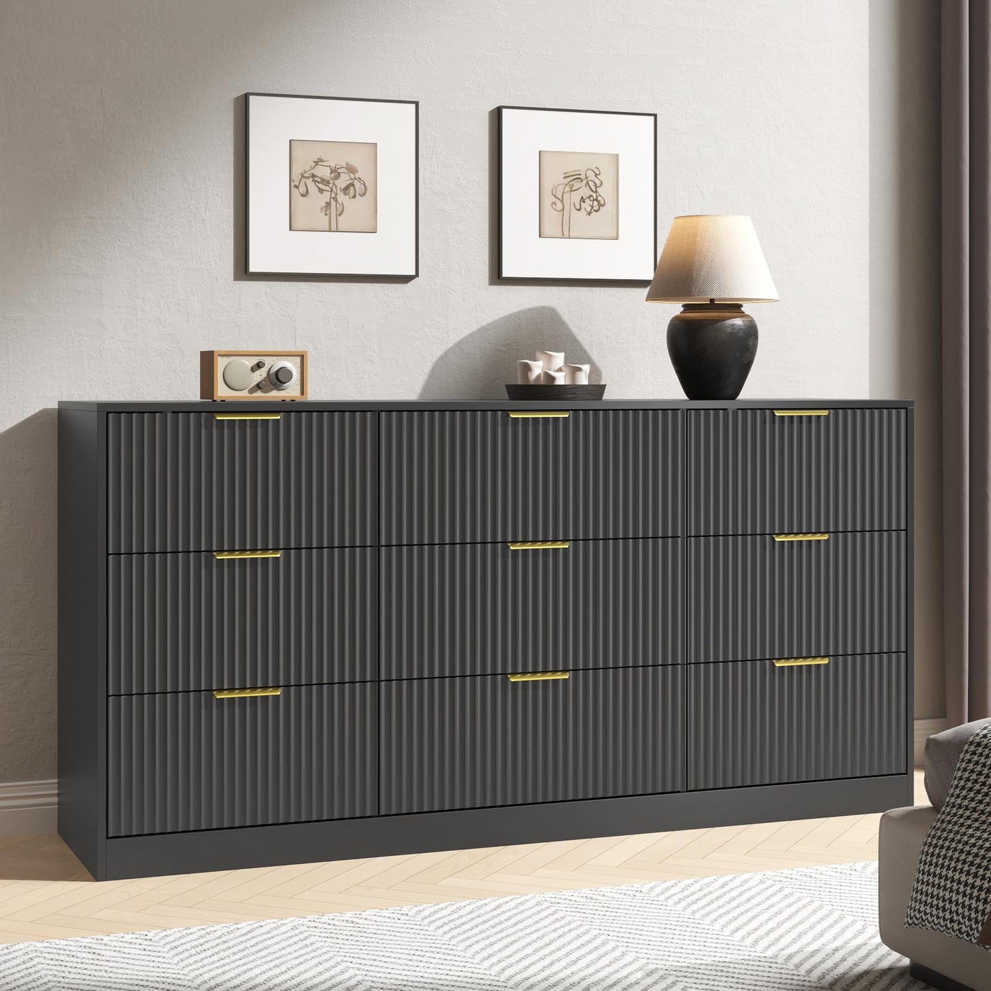 NOVAMAISON Dresser for Bedroom with 9 Drawer, 63” Long Black Dresser Modern Chest of Drawers with Metal Handle, Wood TV Stand Storage Organizer for Bedroom, Living Room, Black