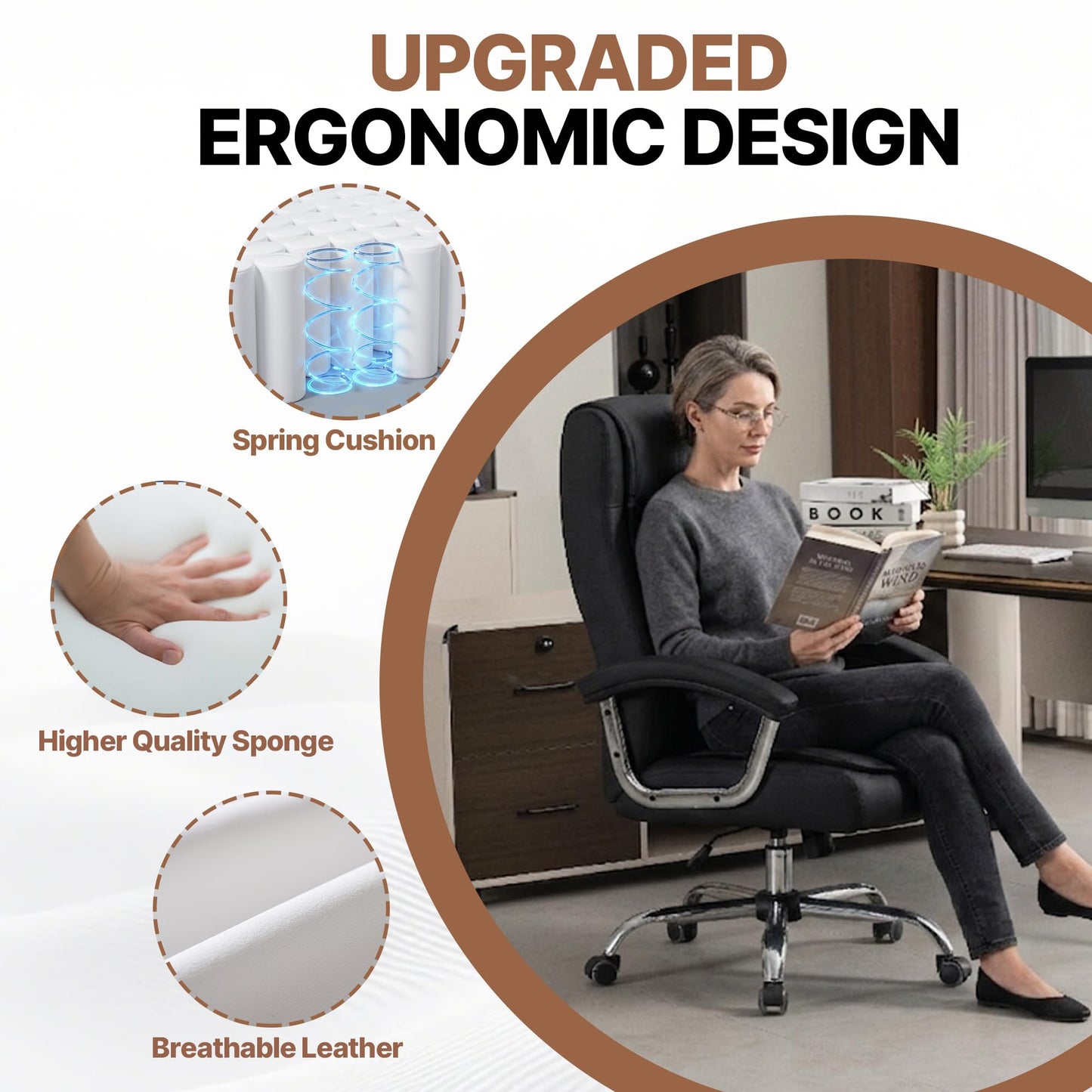 KEIKI Executive Office Chair High Back PU Leather Desk Chair with Spring Cushion, Ergonomic Swivel Computer Chair, Chrome Armrests, Adjustable Rolling Chair for Home Office, Black