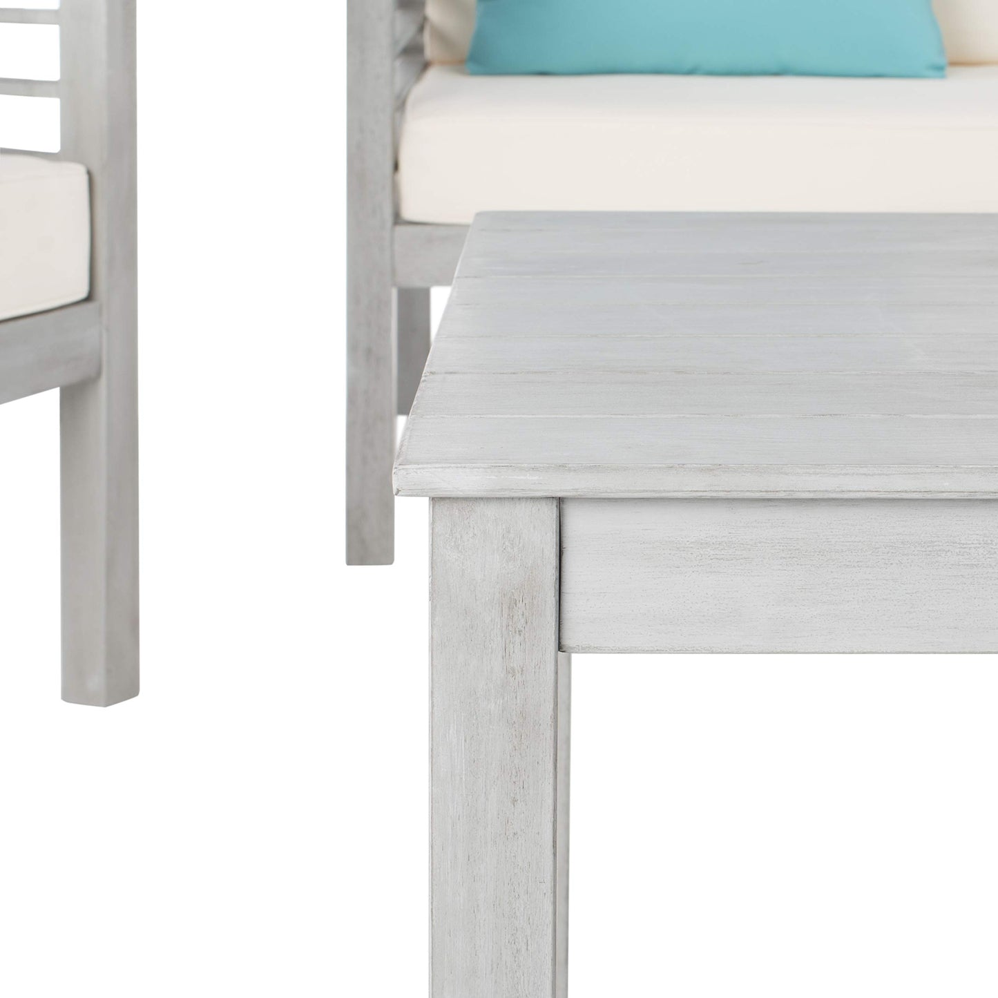 SAFAVIEH Outdoor Collection Alda Grey Wash/ White Cushions/ Light Blue Pillows 4-Piece Conversation Patio Set