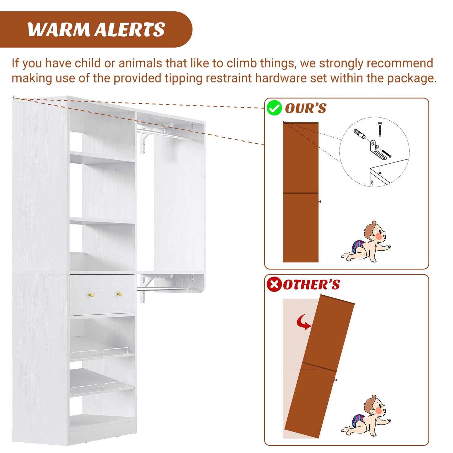[10 FT Closet System] 120 Inch Reversible Set of 2 Wood Closet Organizer System with 2 Drawers, 4 Hanging Rods Adjustable Shelf, Walk In Closet Organizers with Shoe Rack, Garment Rack, White