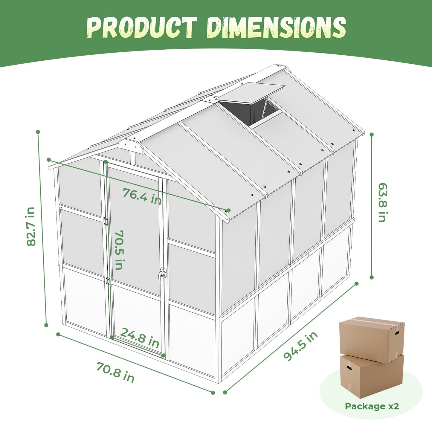 Jocoevol 6x8ft Outdoor Greenhouse, Wooden Frame Polycarbonate Greenhouse with Adjustable Roof Vents and Lockable Door Handle, Walk-in Greenhouse Perfect for Backyard and Garden
