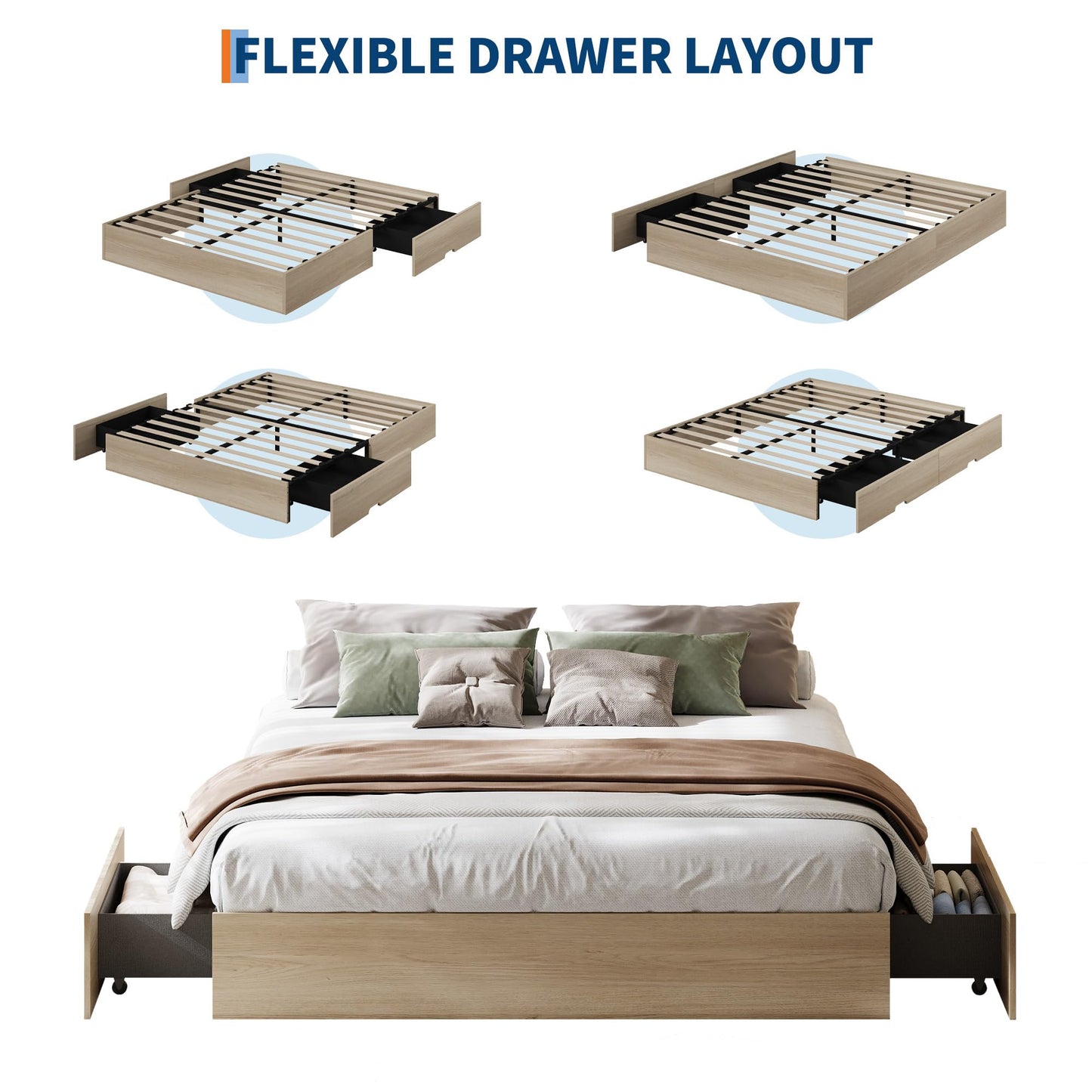 Garvee Queen Bed Frame with 2 Storage Drawers, Wood Platform Floor Bed Frame Without Headboard, Wood Slat Support, No Box Spring Needed, Easy Assembly