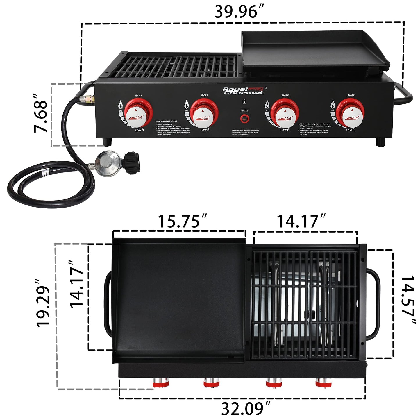 Royal Gourmet GD4002T 4-Burner Tailgater Grill and Griddle Combo, Portable Flat Top Propane Gas Grill with 40,000 BTUs Output for Backyard or Outdoor Cooking, Black