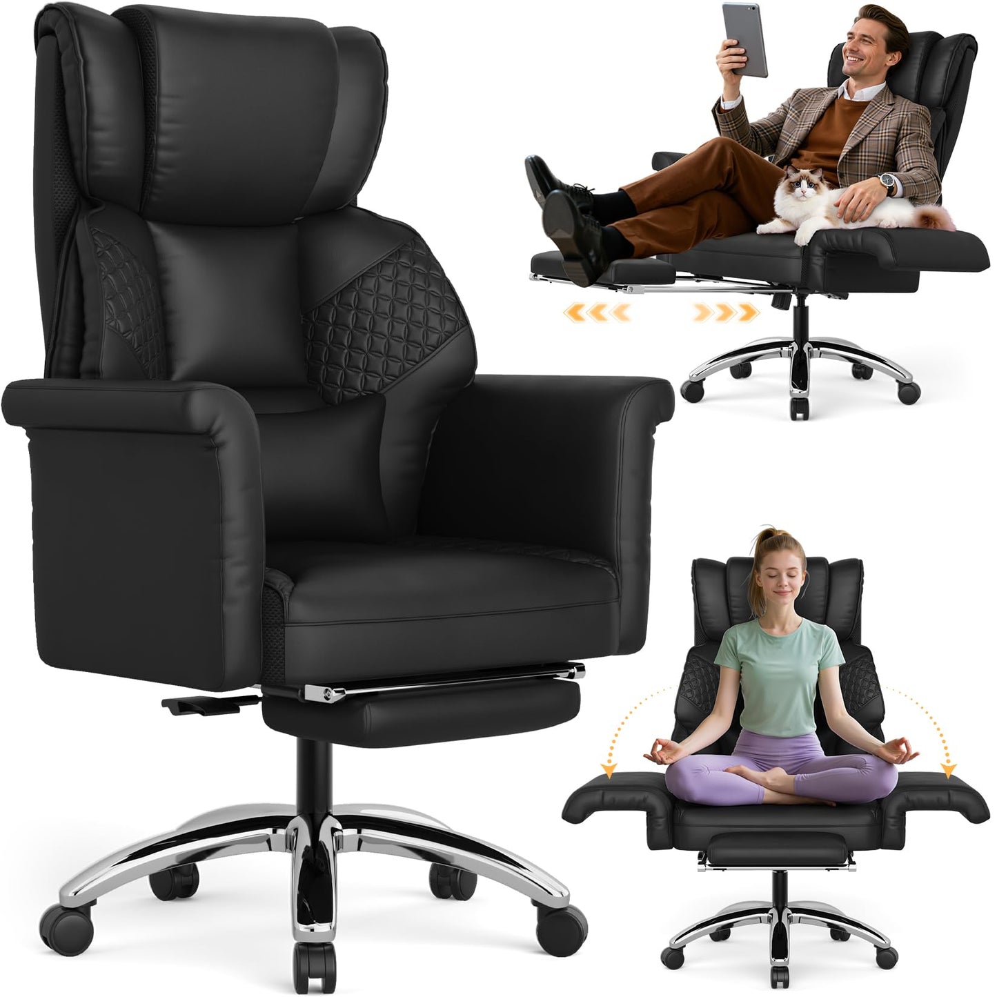 Ergonomic Office Chair with Footrest, Criss Cross Legged Desk Chair with Flip-Up Arm, Wider Thicker Spring Seat, Lumbar Support, Pet-Friendly, Big and Tall High Back Heavy Duty Executive Leather Chair