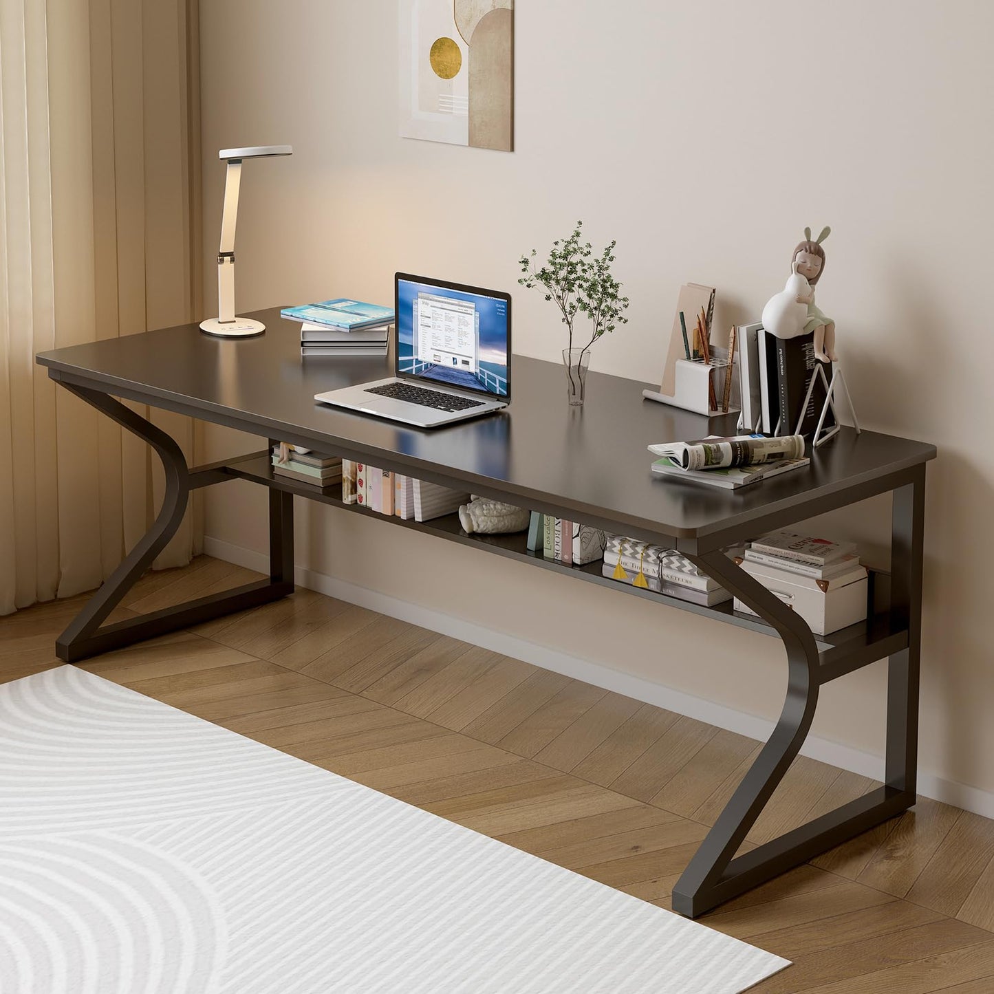 OSCHF Extra Long Desk with Bookshelf - 63" Double Long Writing Table for 2-Person Workstation, Modern Study Work Computer Desk for Home and Office, Black