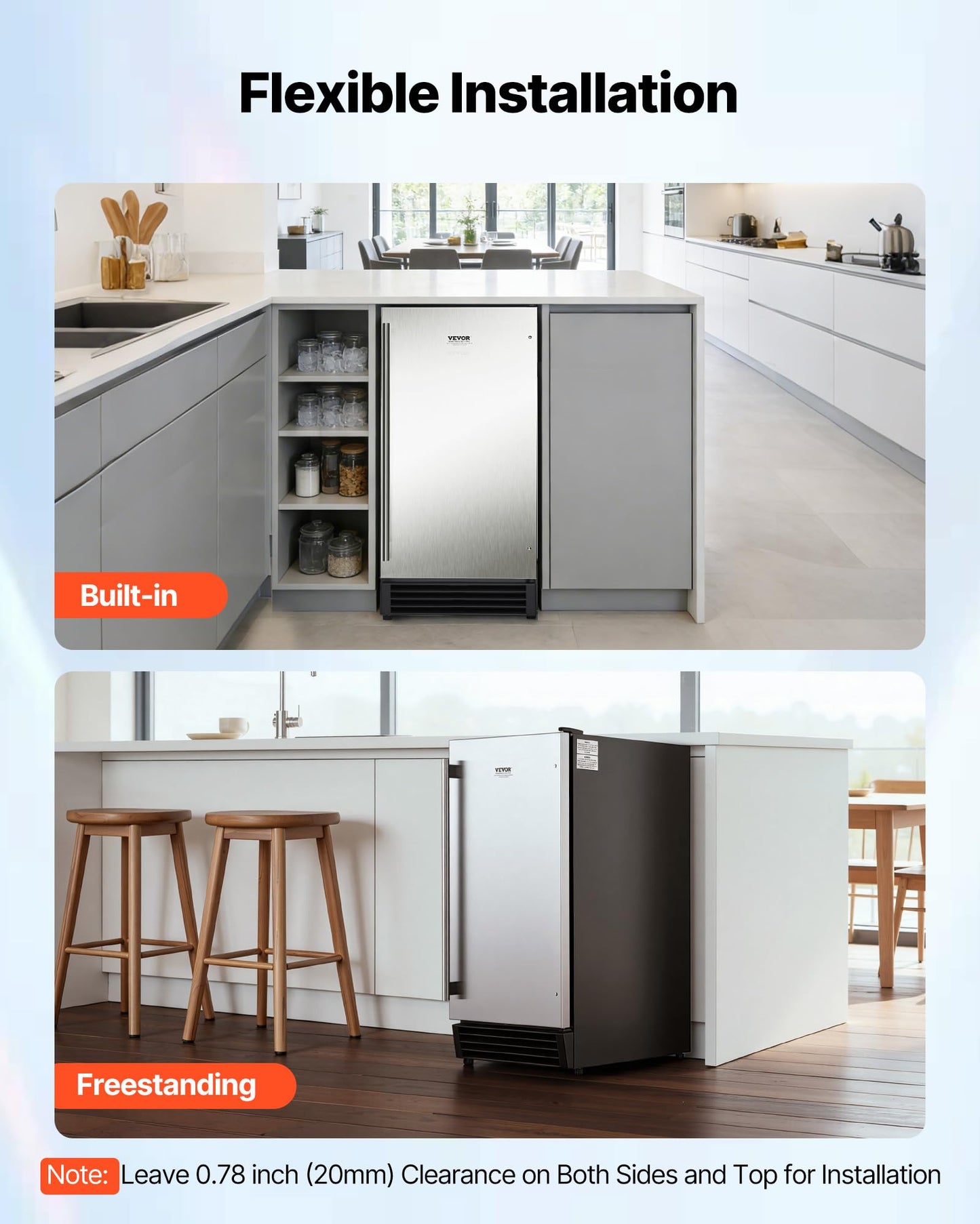 VEVOR Undercounter Built-in Ice Maker, 50 Lbs/Day Under Counter Ice Maker Machine with Drain Pump, Reversible Door, Stainless Steel Freestanding Ice Maker for Commercial Home Kitchen