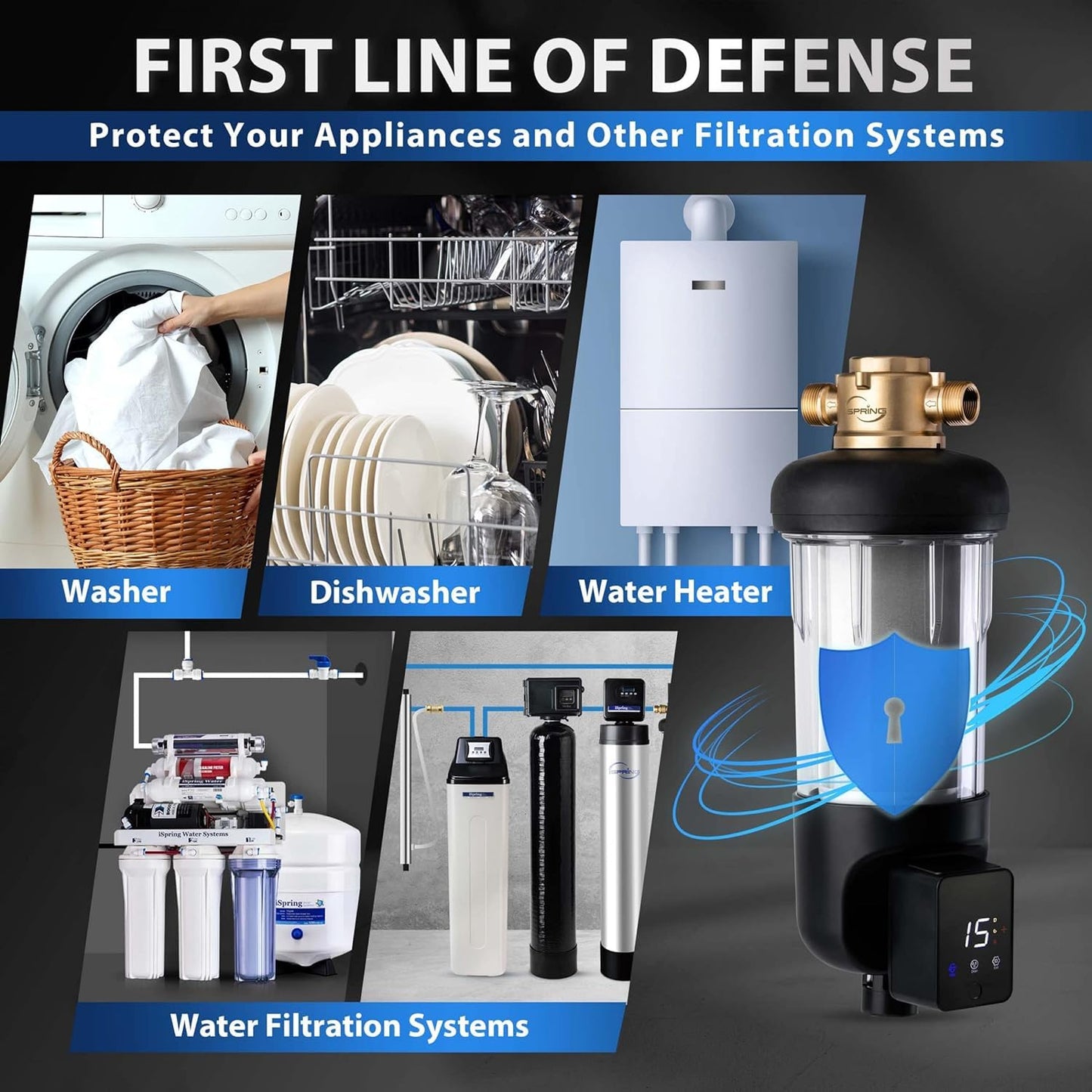 iSpring WSP50ARJ, NSF Certified, Spin-Down Sediment Water Filter, Upgraded Jumbo Size, Large Capacity, Reusable with Touch-Screen Auto Flushing Module, Brass Top Clear Housing, 50 Microns